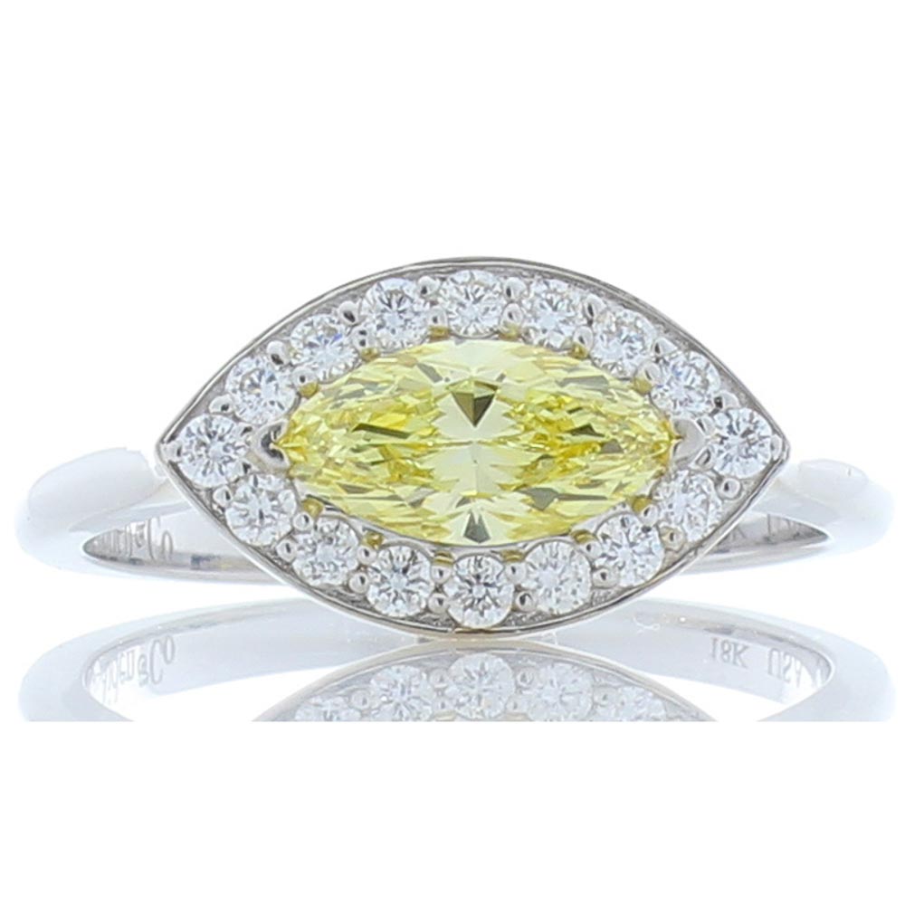 Heritage Gem Studio GIA Certified 0.69 Carat Marquise Fancy Intense Yellow Diamond Cocktail Ring