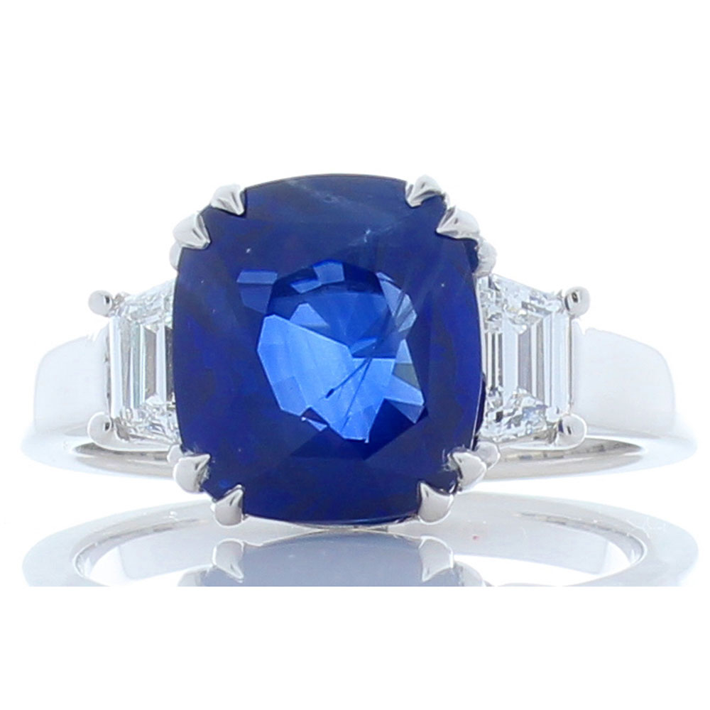 Heritage Gem Studio Emteem Certified 5.60 Carat Cushion Cut Blue Sapphire and Diamond Cocktail Ring