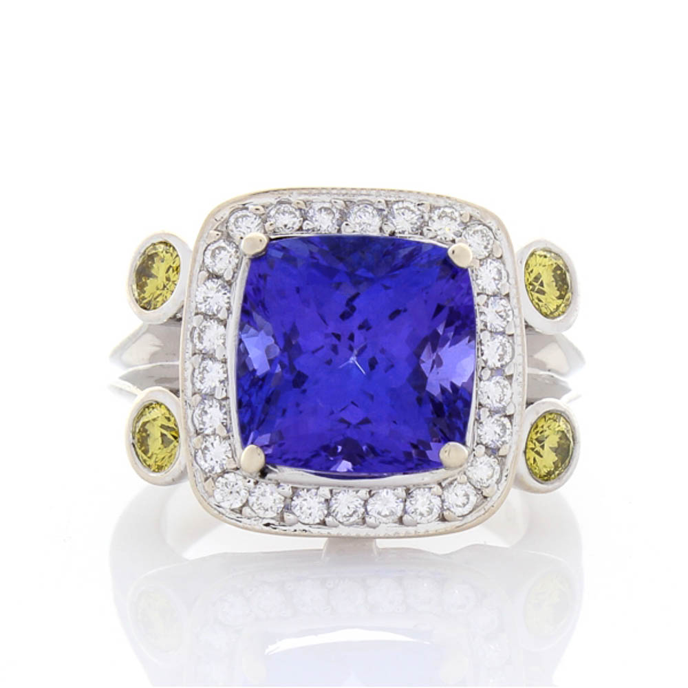  Heritage Gem Studio 6.35 Carat Cushion Cut Tanzanite and Diamond Cocktail Ring in 18 Karat Gold