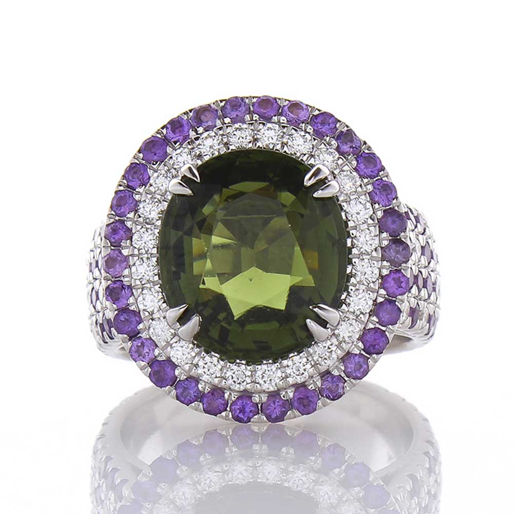  Heritage Gem Studio 5.22 Carat Oval Tourmaline with Amethyst and Diamond Cocktail Ring in White Gold