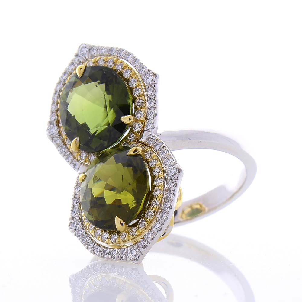  Heritage Gem Studio 8.03 Carat Oval Green Tourmaline  Diamond Cocktail Two Tone Ring In 18K Gold