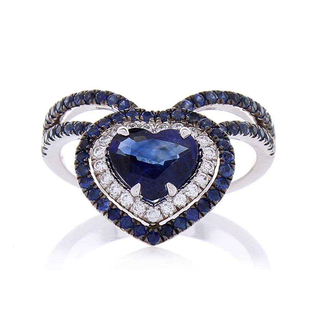  Heritage Gem Studio 1.36 Carat Heart Shaped Blue sapphire  Diamond Cocktail Ring In 18K White gold