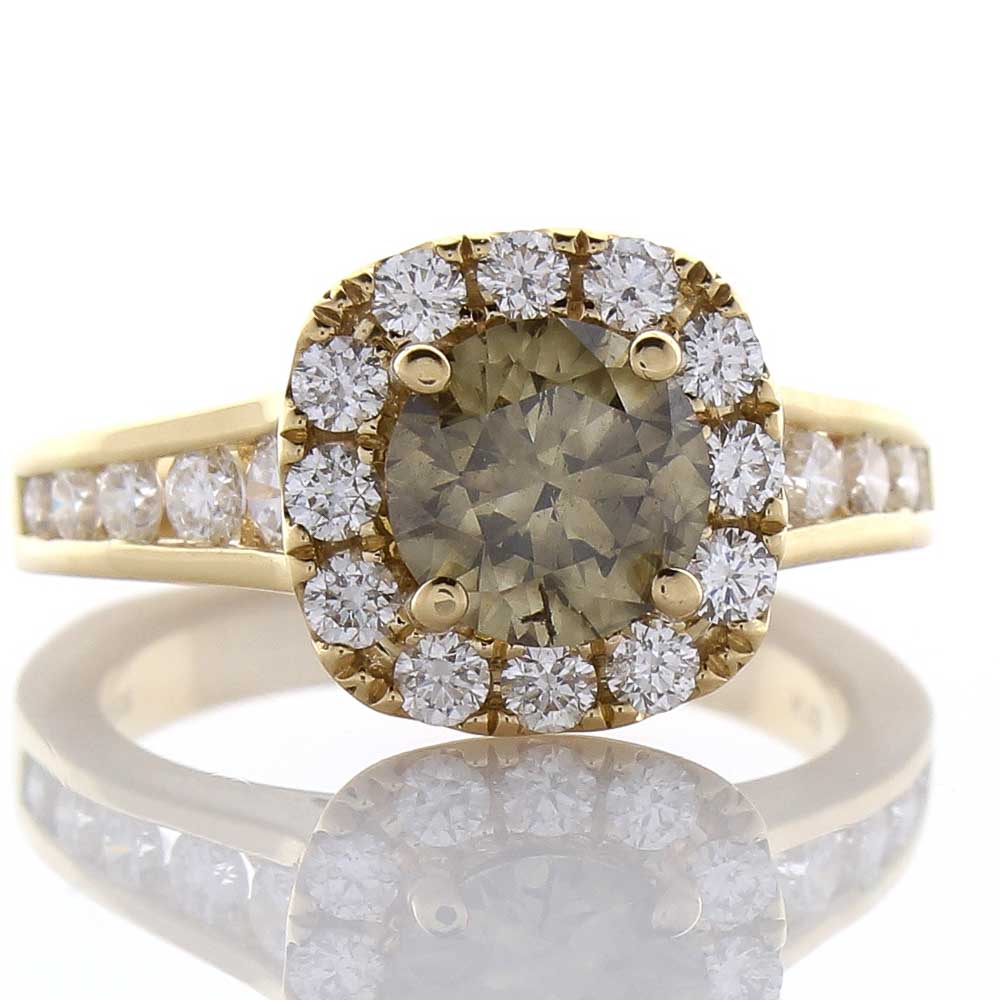  Heritage Gem Studio 1.35 Carat Fancy Dark Greenish Yellow Brown Diamond Cocktail Ring In 18 K Gold