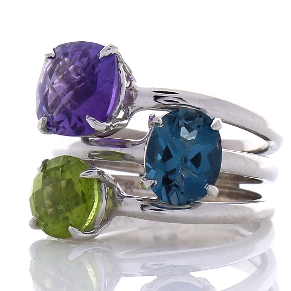  Heritage Gem Studio 4.80 Carat Total Amethyst, Peridot, Blue Topaz Cocktail Ring in 14 Karat Gold