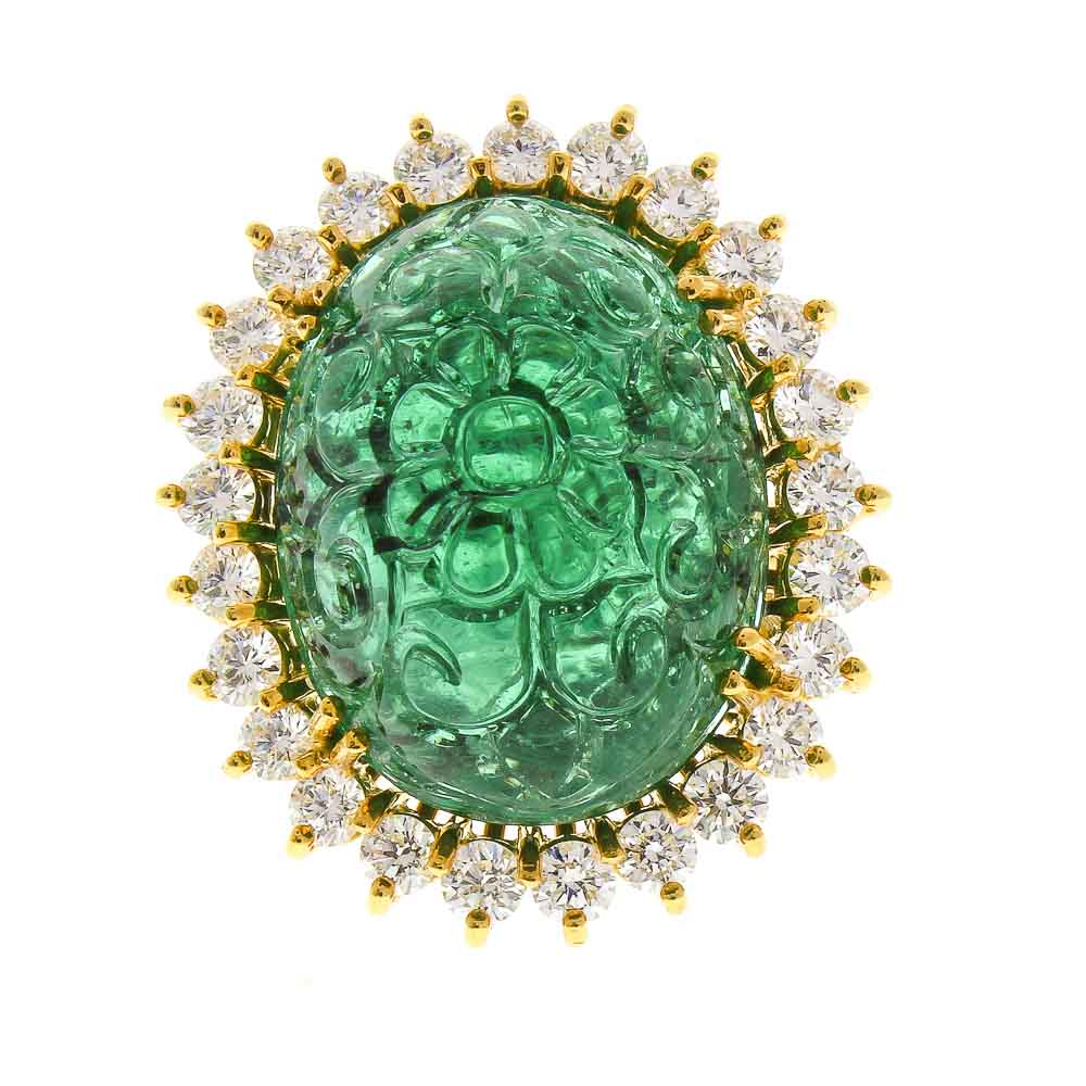  Heritage Gem Studio 24.55 Carat Hand Craved Cabochon Emerald and Diamond Cocktail Ring in 18 K Gold