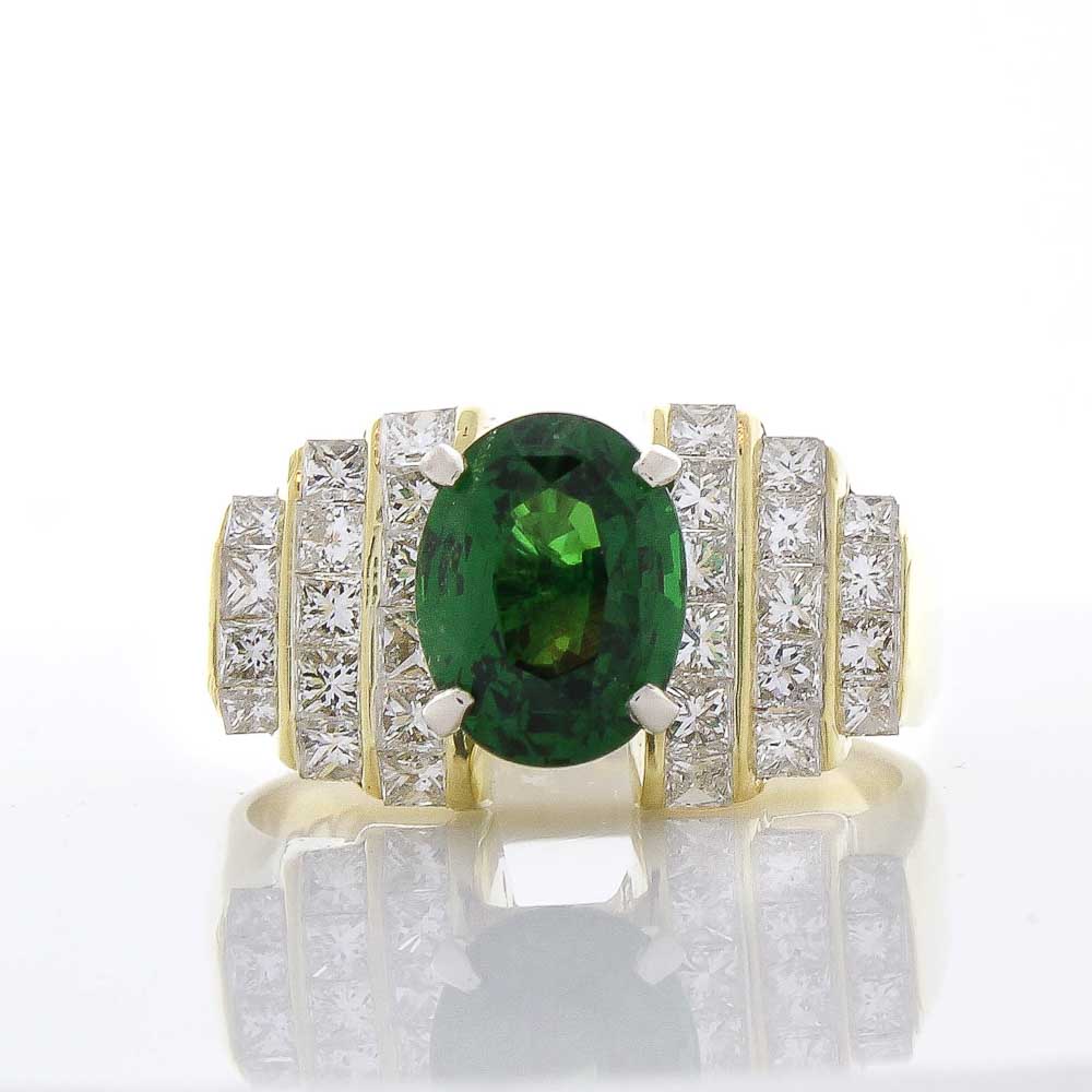  Heritage Gem Studio 3.08 Carat Oval Tsavorite and Diamond Cocktail Ring in 18 Karat Yellow Gold