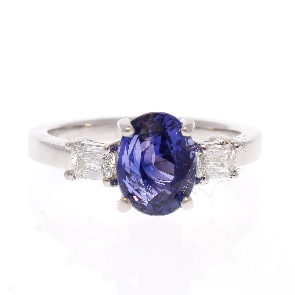  Heritage Gem Studio 2.55 Carat Oval Sapphire  Baguette Diamond Cocktail Ring in 18 Karat White Gold