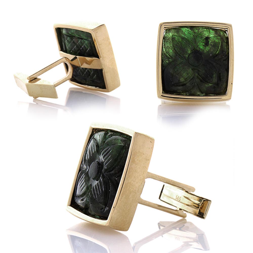 Heritage Gem Studio 32.50 Carat Total Carved Emerald Cuff Links in 18 Karat Yellow Gold