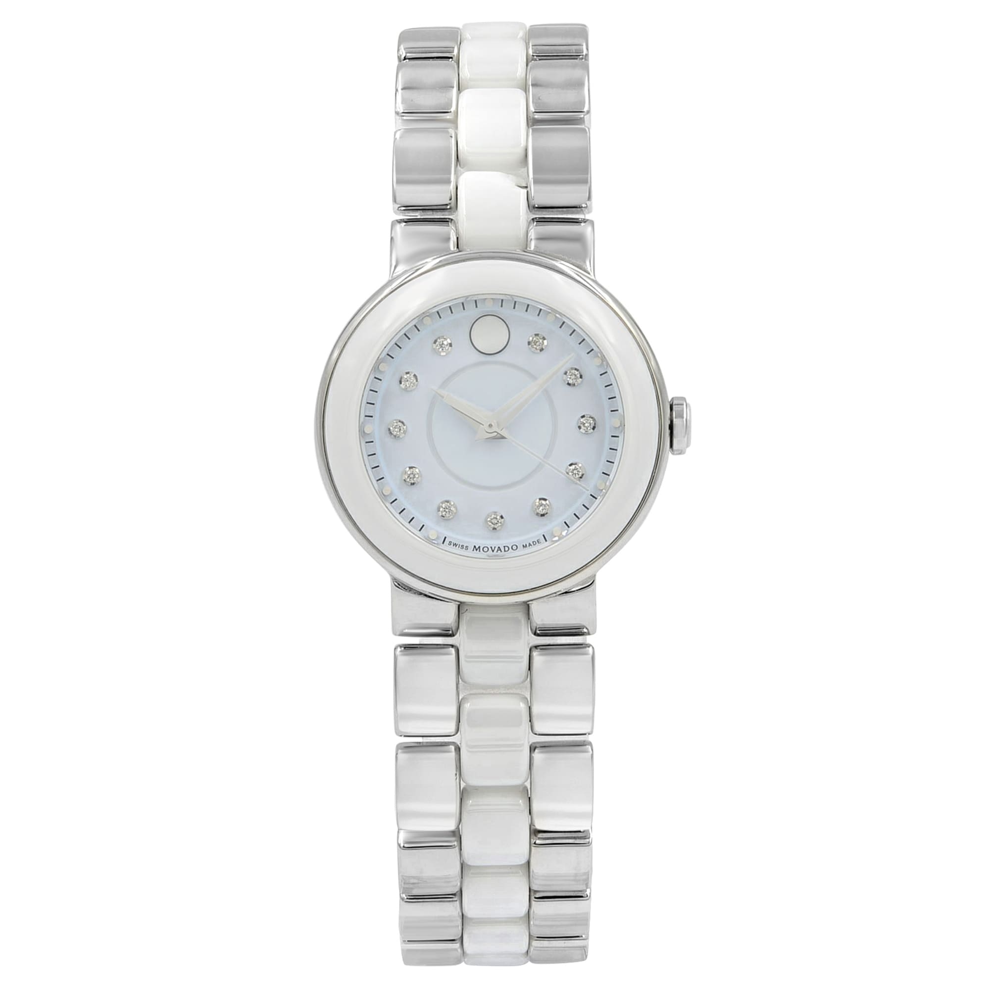 Movado Cerena White Dial Diamond Steel Ceramic Ladies Quartz Watch 