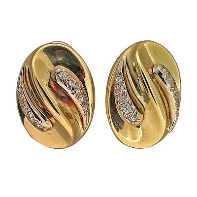 14K Yellow Gold Diamond Oval Swirl Design Clip Post Earrings