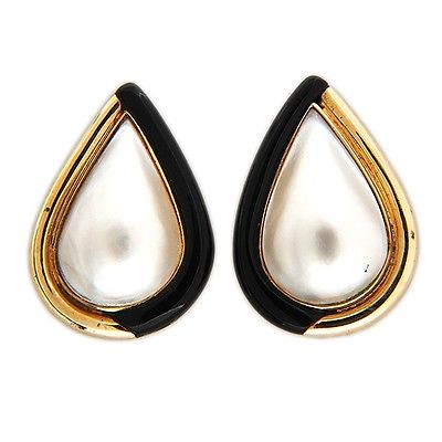 14K Yellow Gold Black Onyx and Mobe Pearl Earrings 