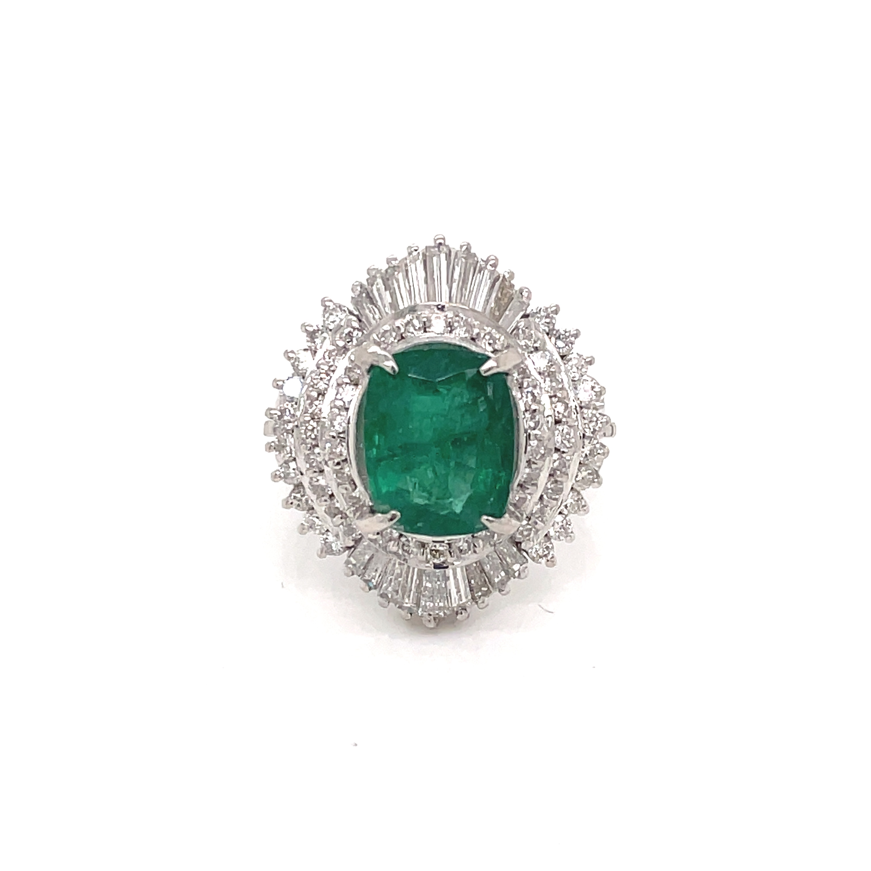 Oval-Cut Center Emerald and Baguette diamond Cluster Ring in Platinum