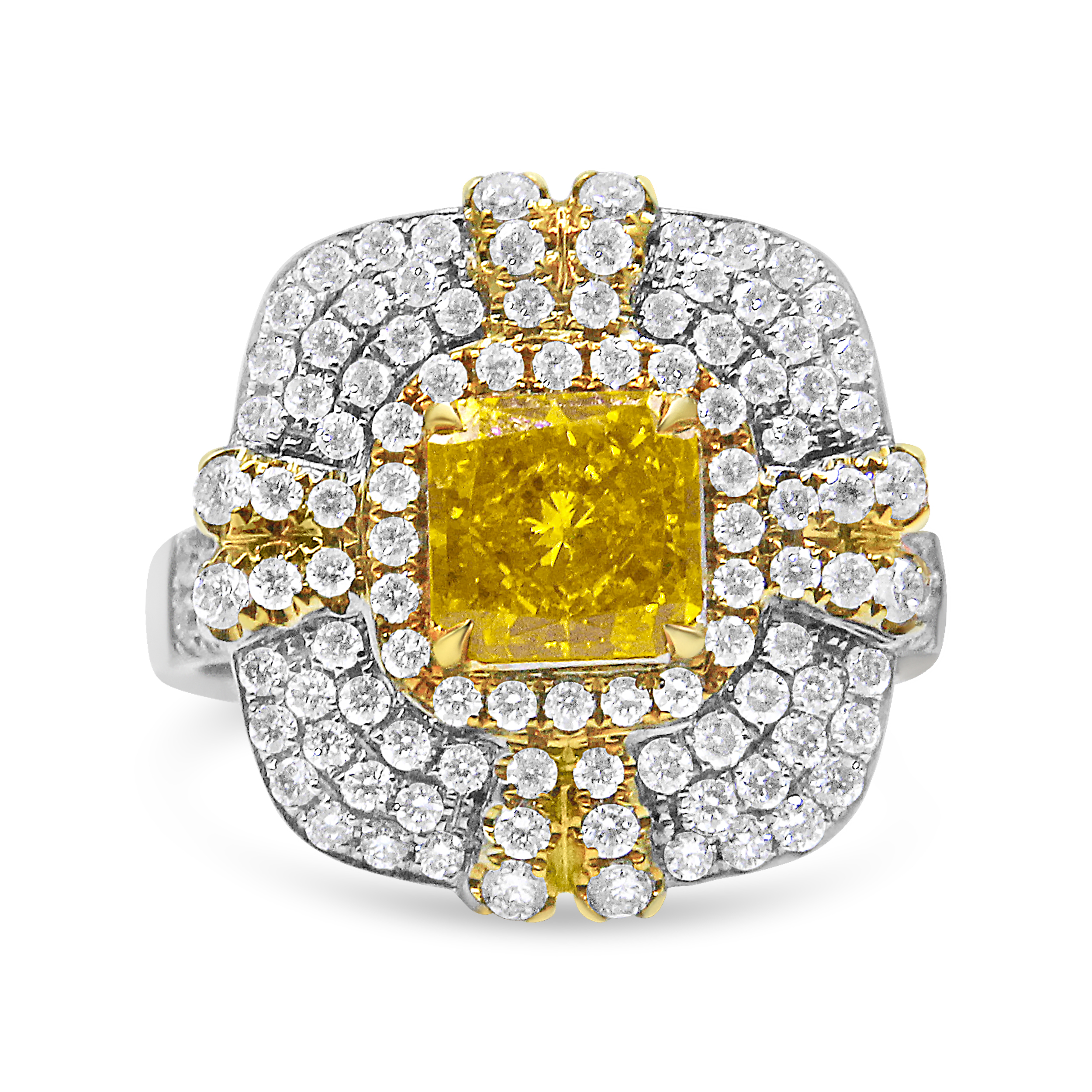 18K White and Yellow Gold 2.15 Cttw Yellow Radiant Lab Grown Center Diamond Halo Framed Cocktail Ring (Yellow/G-H Color, VS1-VS2 Clarity) - Size 6
