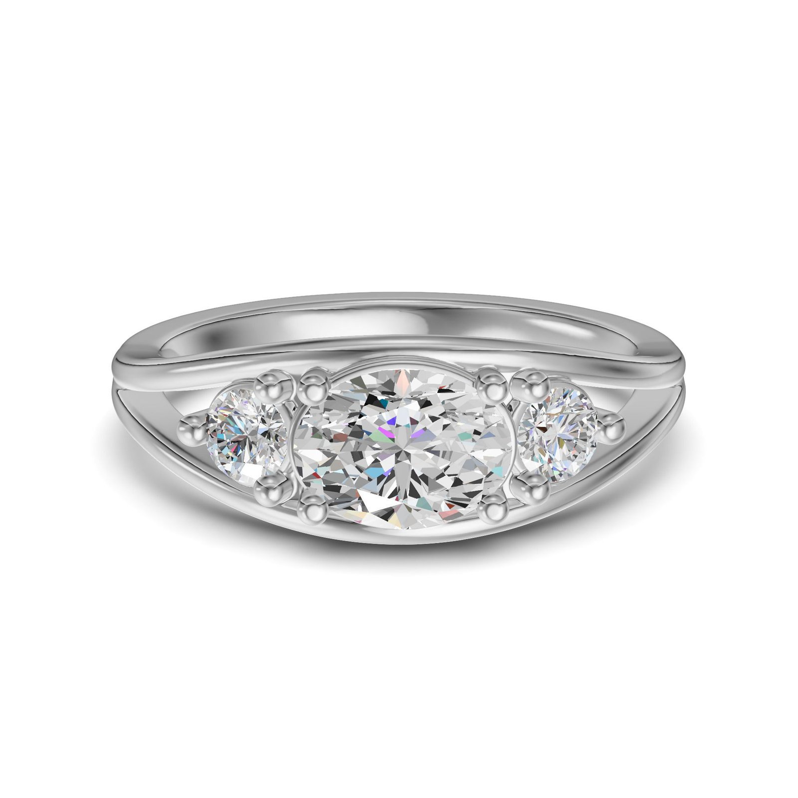True Lab Grown 1.00 Ct Diamond East-West Three Stone Oval Cut Engagement Ring in 10K or 14K Gold - 10K White Gold / Size 4.0