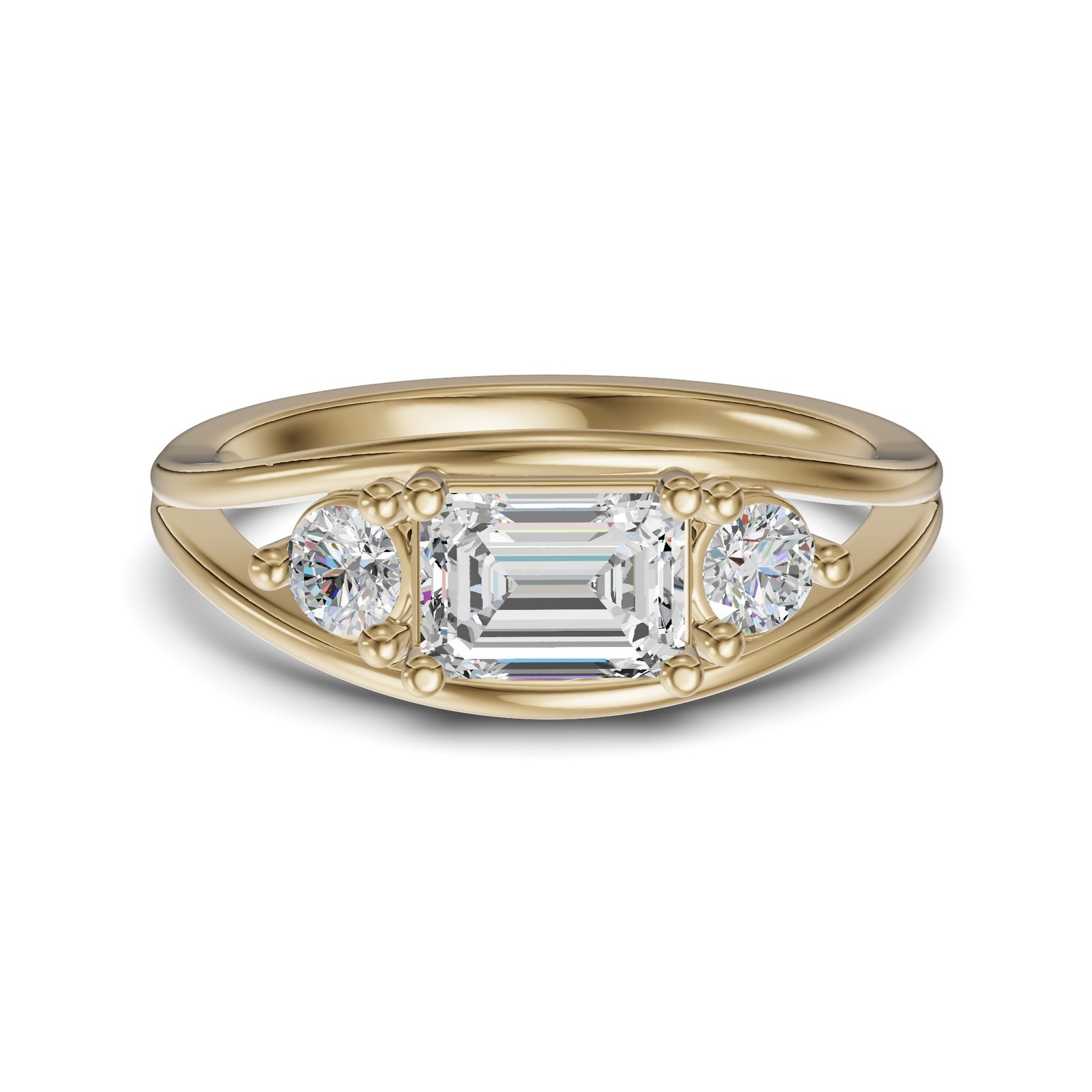 True Lab Grown 1.00 Ct Diamond East-West Three Stone Emerald Cut Engagement Ring in 10K or 14K Gold - 10K Yellow Gold / Size 4.0