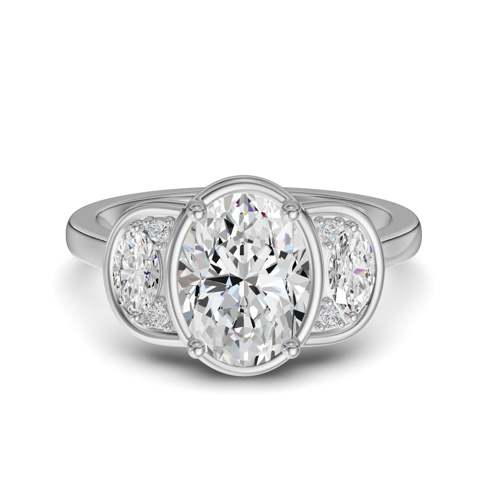 True Lab Grown Diamond Three Stone Half Moon Oval Cut Engagement Ring in 10K or 14K Gold - 10K White Gold / 2.00 ct / Size 4.0