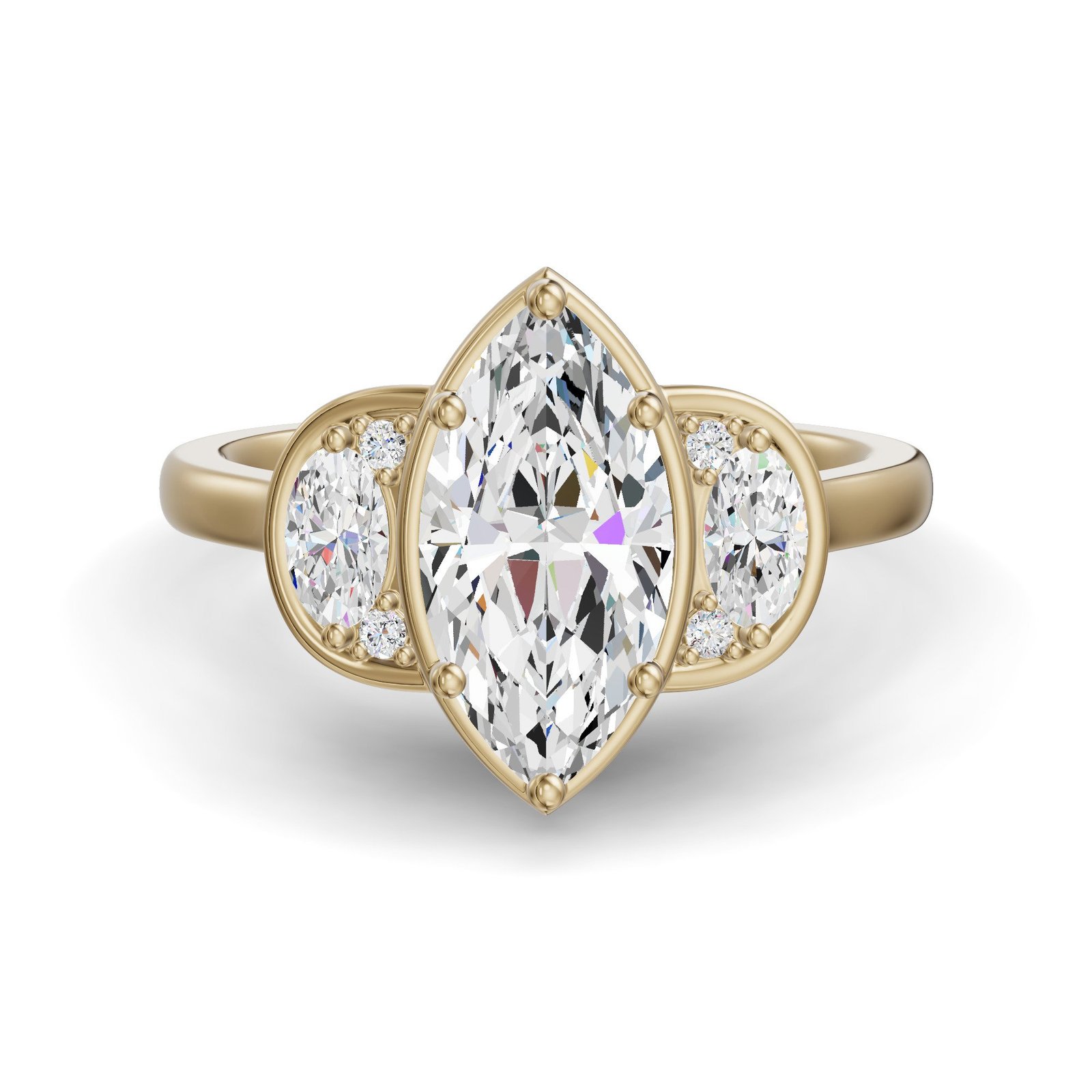 True Lab Grown Diamond Three Stone Half Moon Marquise Cut Engagement Ring in 10K or 14K Gold - 10K Yellow Gold / 2.00 ct / Size 4.0