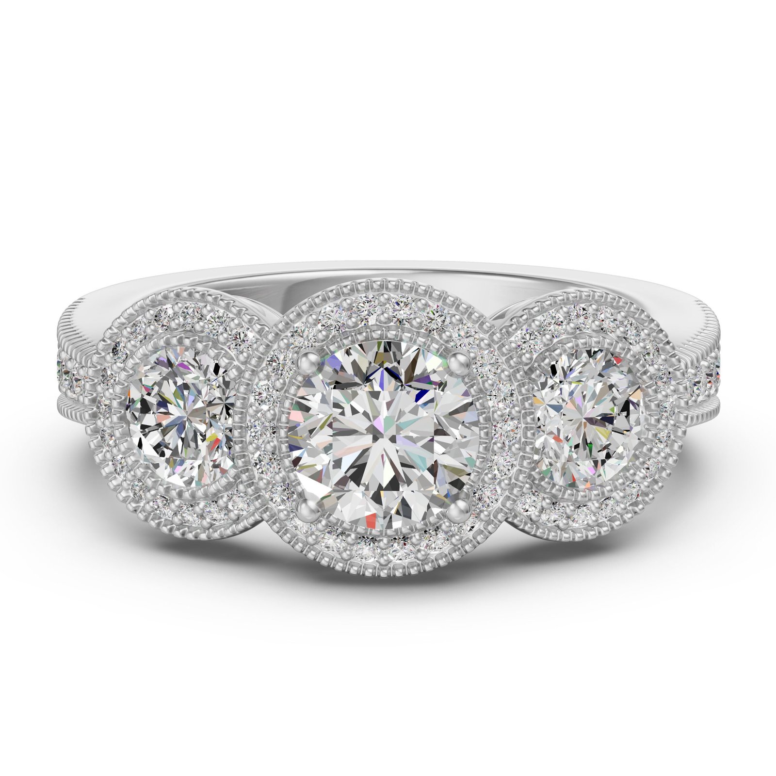 True Lab Grown Diamond Three Stone Halo Accented Engagement Ring in 10K or 14K Gold - 10K White Gold / 1.00 ct