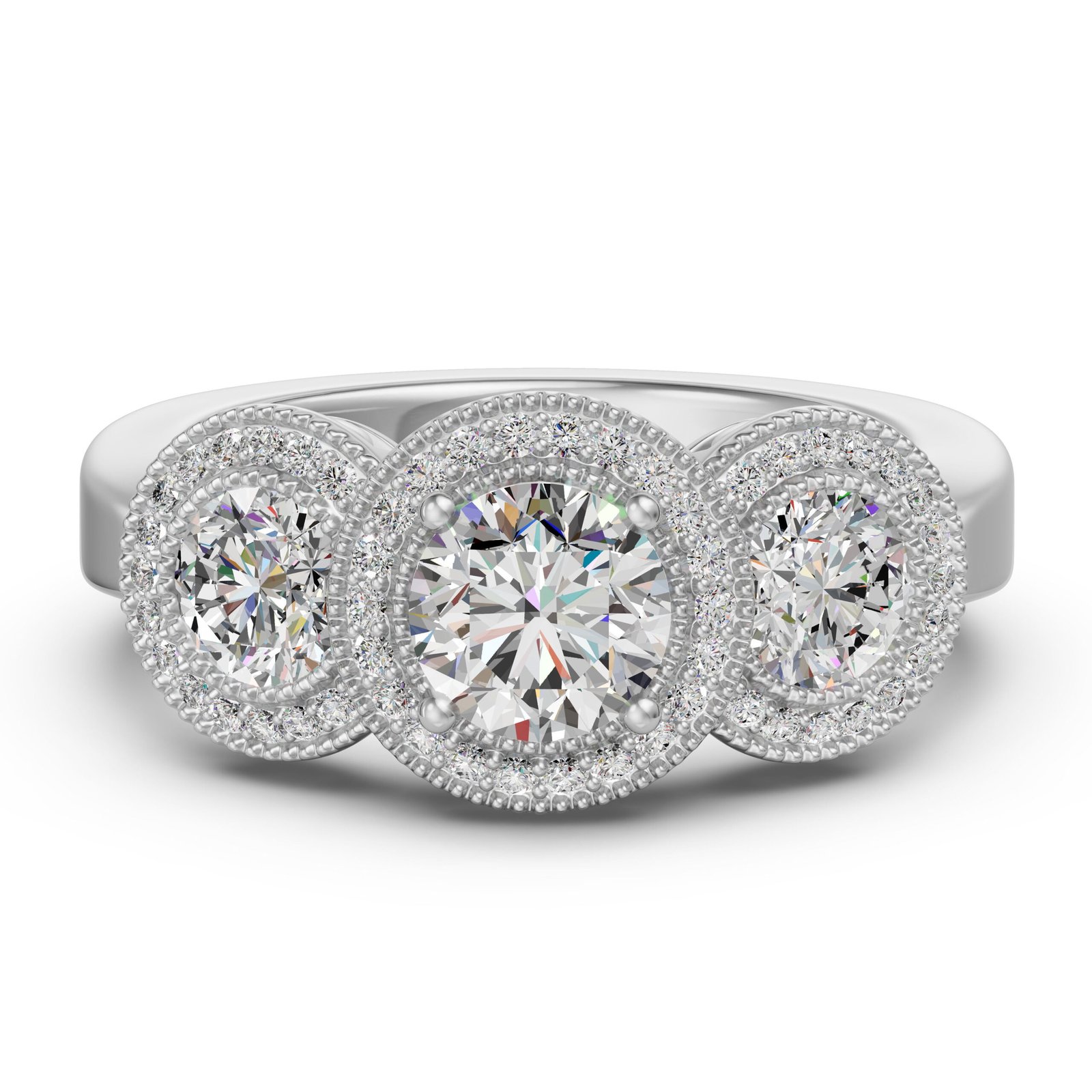 True Lab Grown Diamond Three Stone Halo Classic Engagement Ring in 10K or 14K Gold - 10K White Gold / 1.00 ct