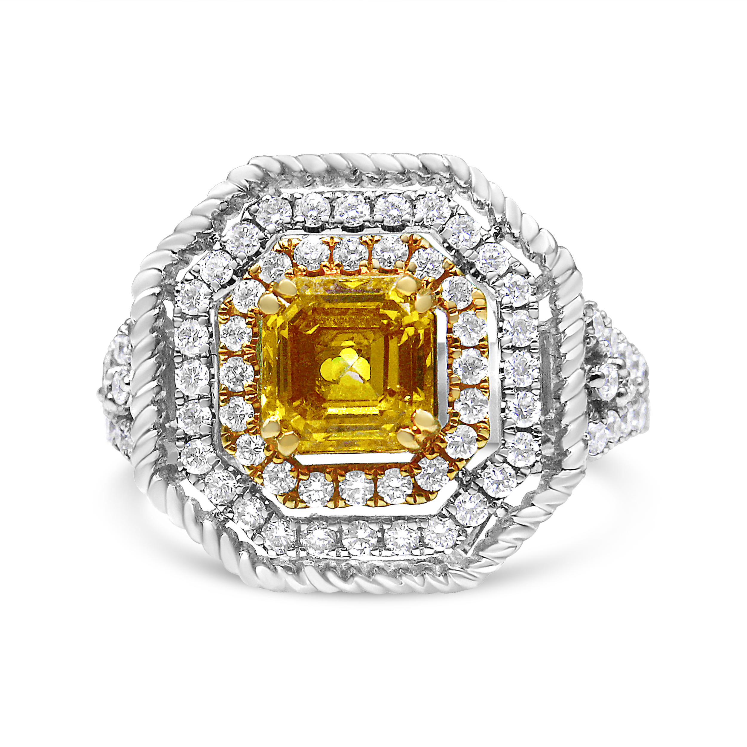 18K White and Yellow Gold 2 1/5 Cttw Lab Grown Yellow Asscher Diamond Double Halo Art Deco Cocktail Ring (Yellow/G-H Color, VS1-VS2 Clarity) - Size 6.5