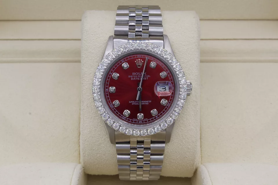 Rolex Datejust 36mm Custom 3ct VS Diamond Bezel  Red Dial S/S Quickset