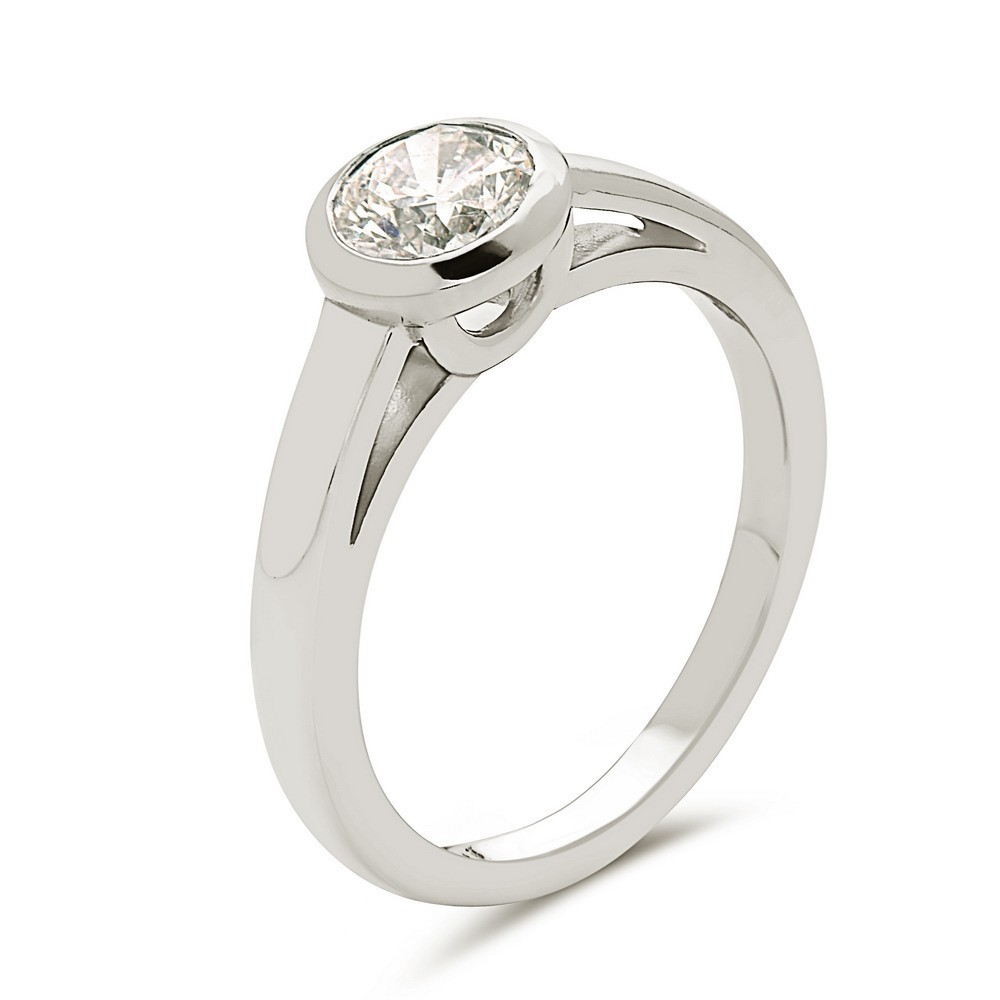 14K white gold bezal set cartier style solitaire engagement ring.