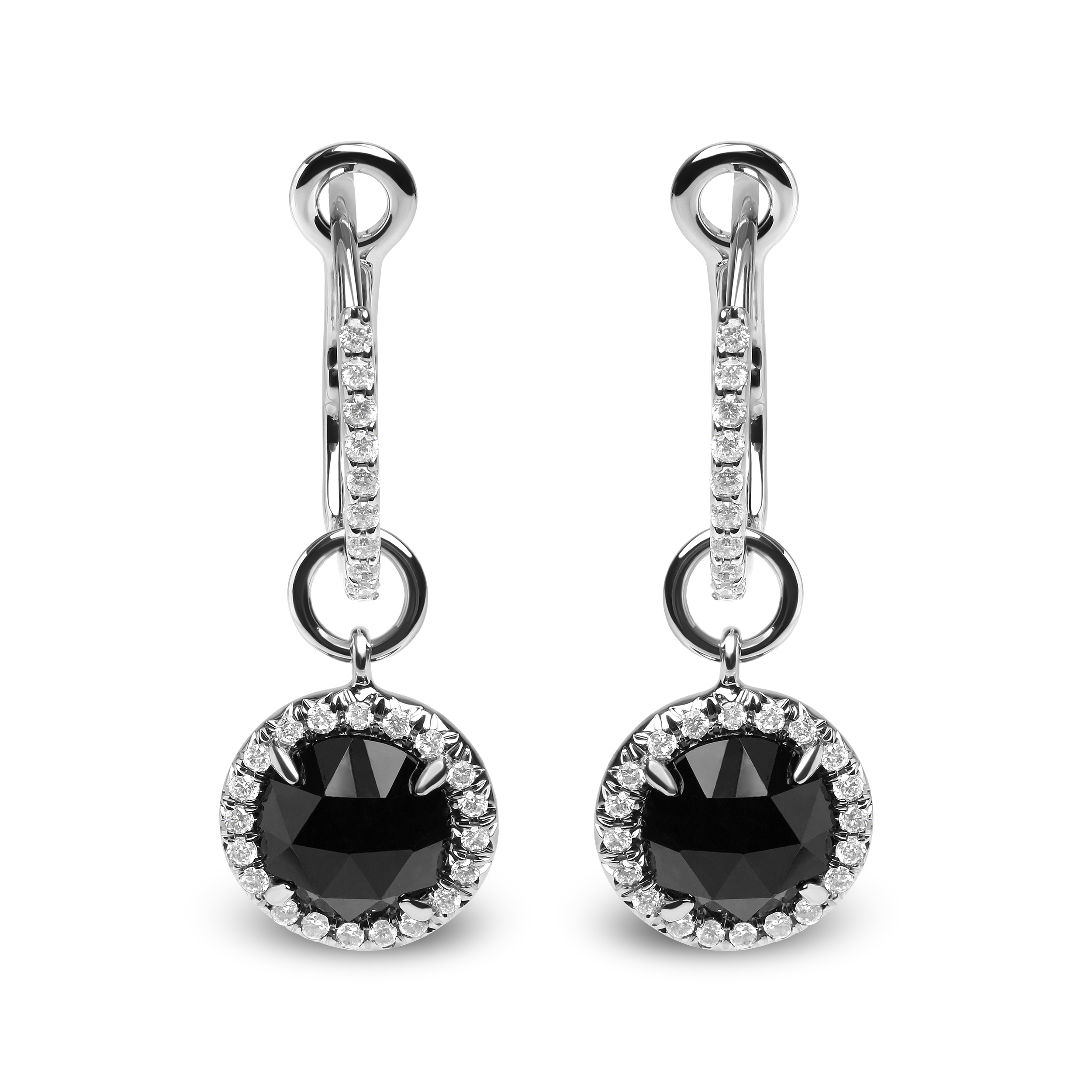 18K White Gold 1/3 Cttw Diamond and 7mm Round Black Onyx Gemstone Halo Dangle Hoop Earrings (G-H Color, SI1-SI2 Clarity)