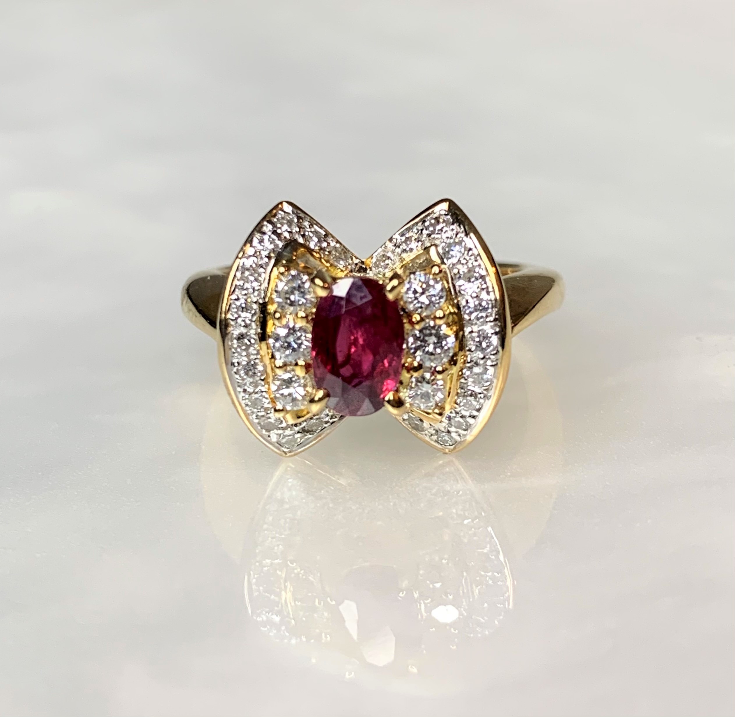 18K Yellow Gold Oval Cut Ruby Diamond Bowtie Ring