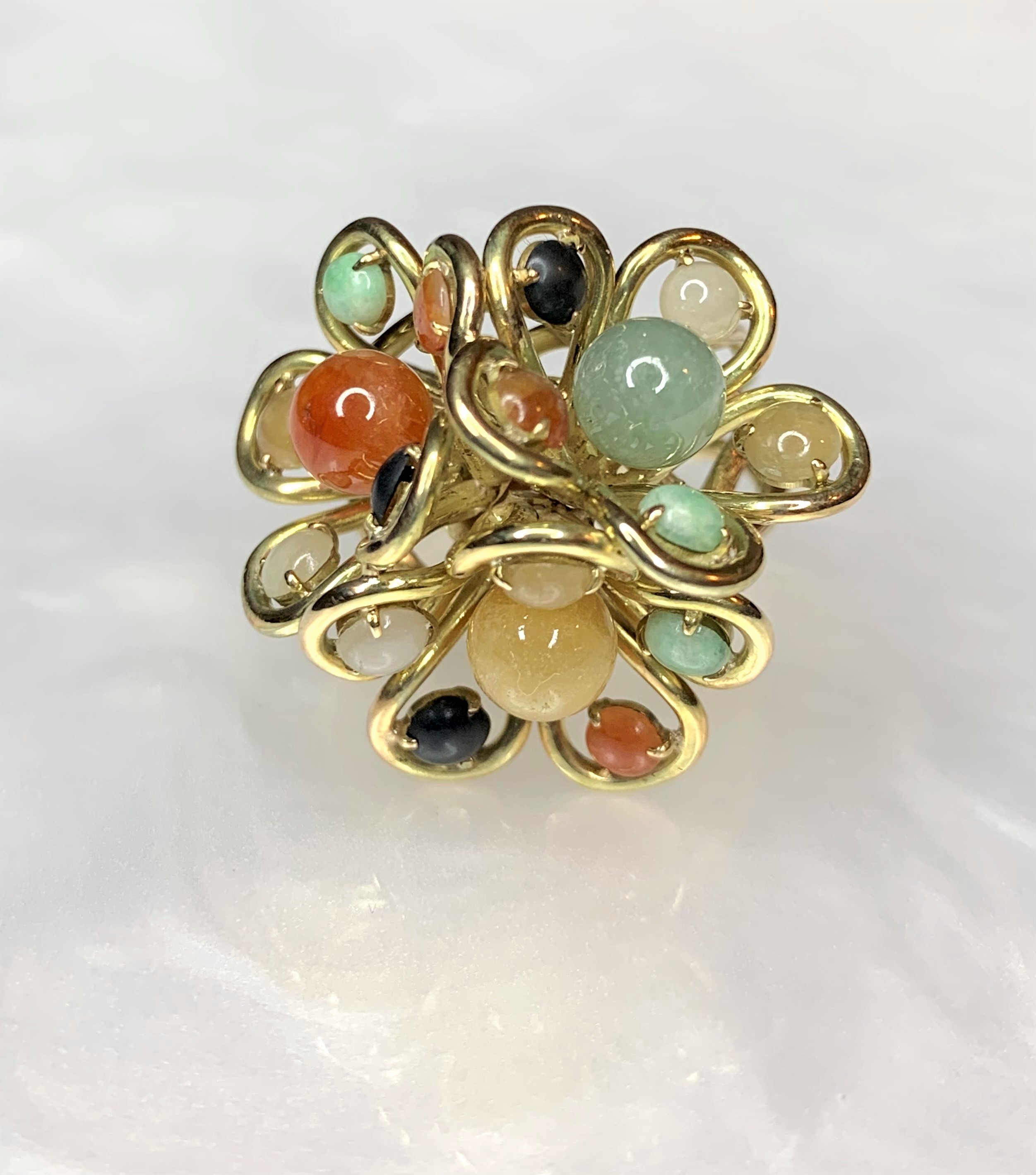 14K Yellow Gold Round Shaped with Multi-Colored Jade Cabochon Cluster Ring