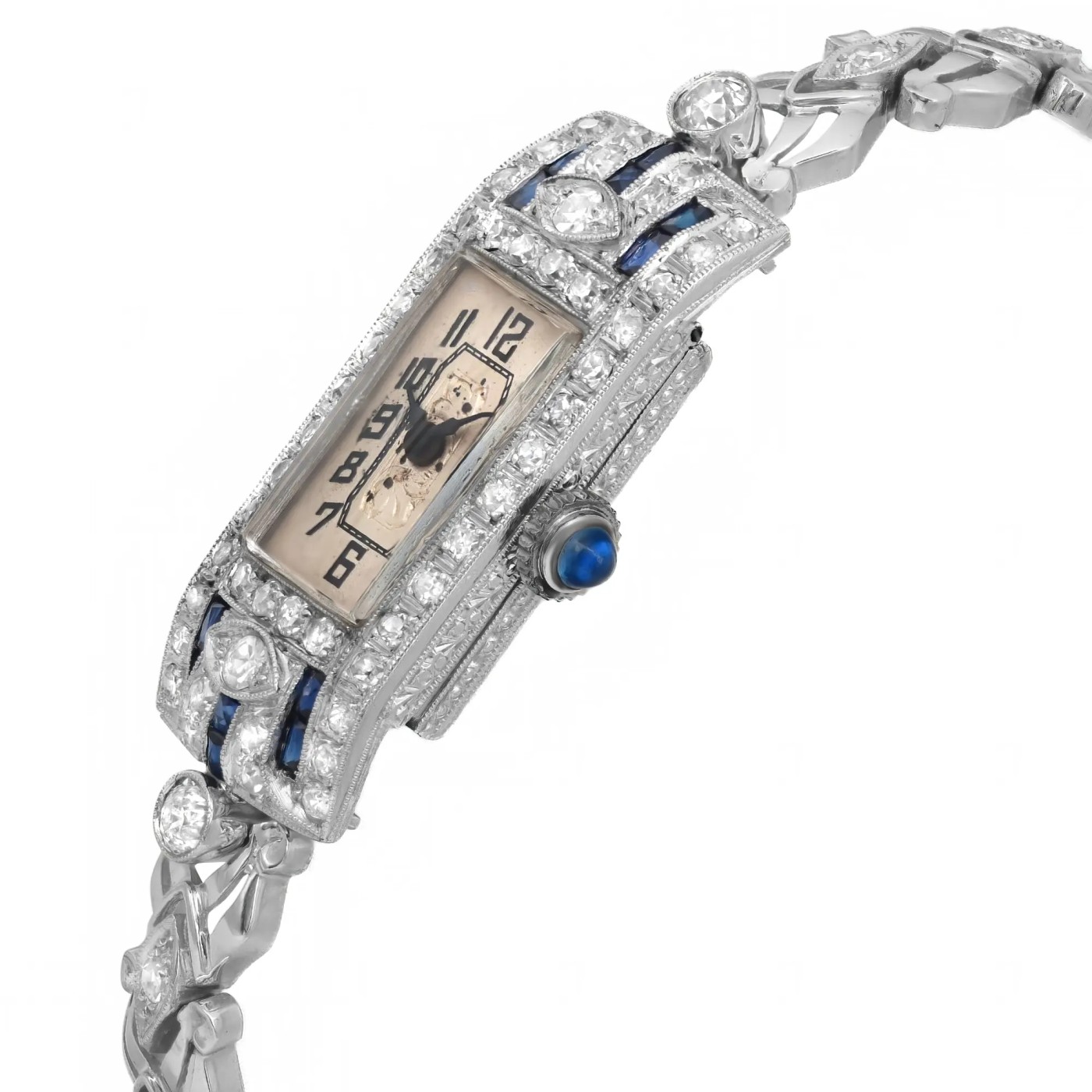 Antique 14K White Gold Platinum Blue Sapphire Diamond Ladies Watch