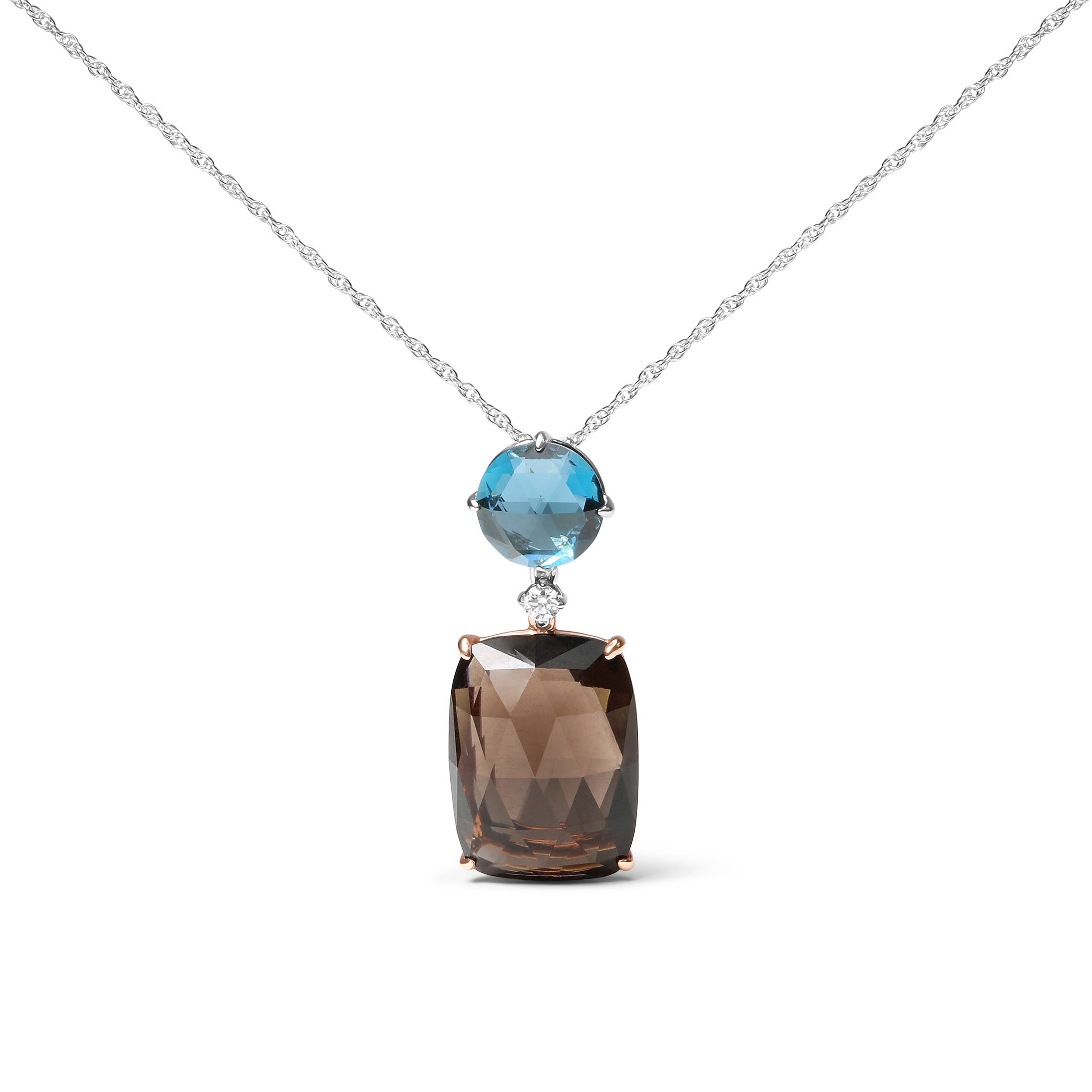 18K Rose and White Gold Diamond Accent and London Blue Topaz and Cushion Cut Smoky Quartz Gemstone Dangle Drop 18" Pendant Necklace (G-H Color, SI1-SI2 Clarity)