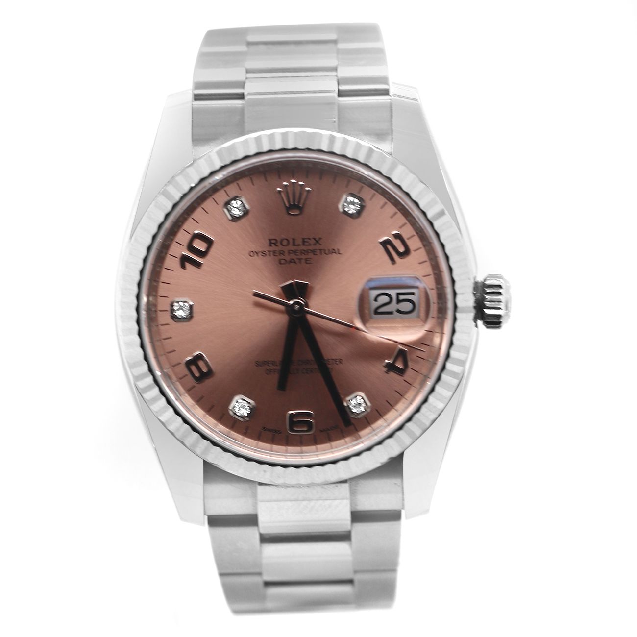 Rolex Date Salmon Diamond Dial Steel Watch
