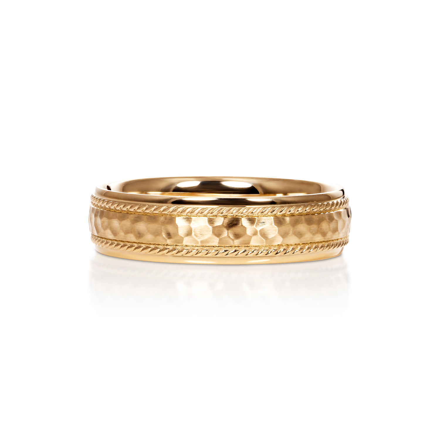 Henry Men's Wedding Band  14k Yellow Gold 6mm Hammered and Satin with Rope off the  Edge