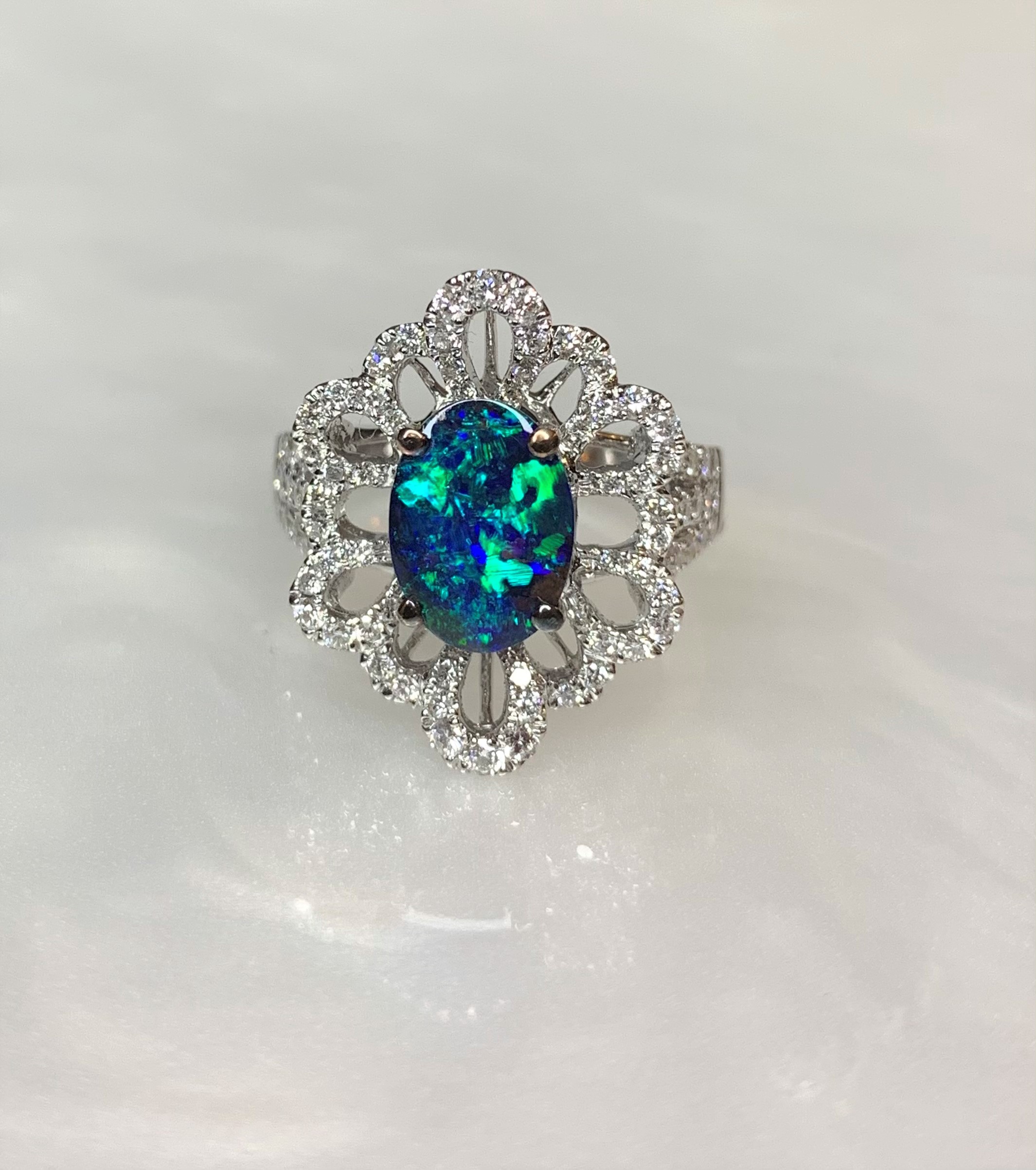 18K White Oval Cut Black Opal Diamond Ring
