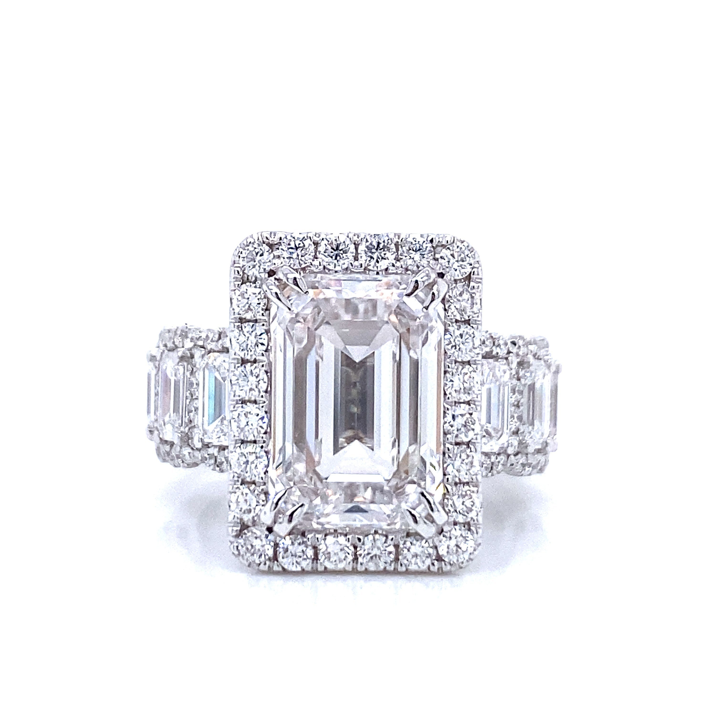 True 8 Carat Emerald Cut Lab Grown Diamond Engagement Ring. IGI Certified Halo Eternity