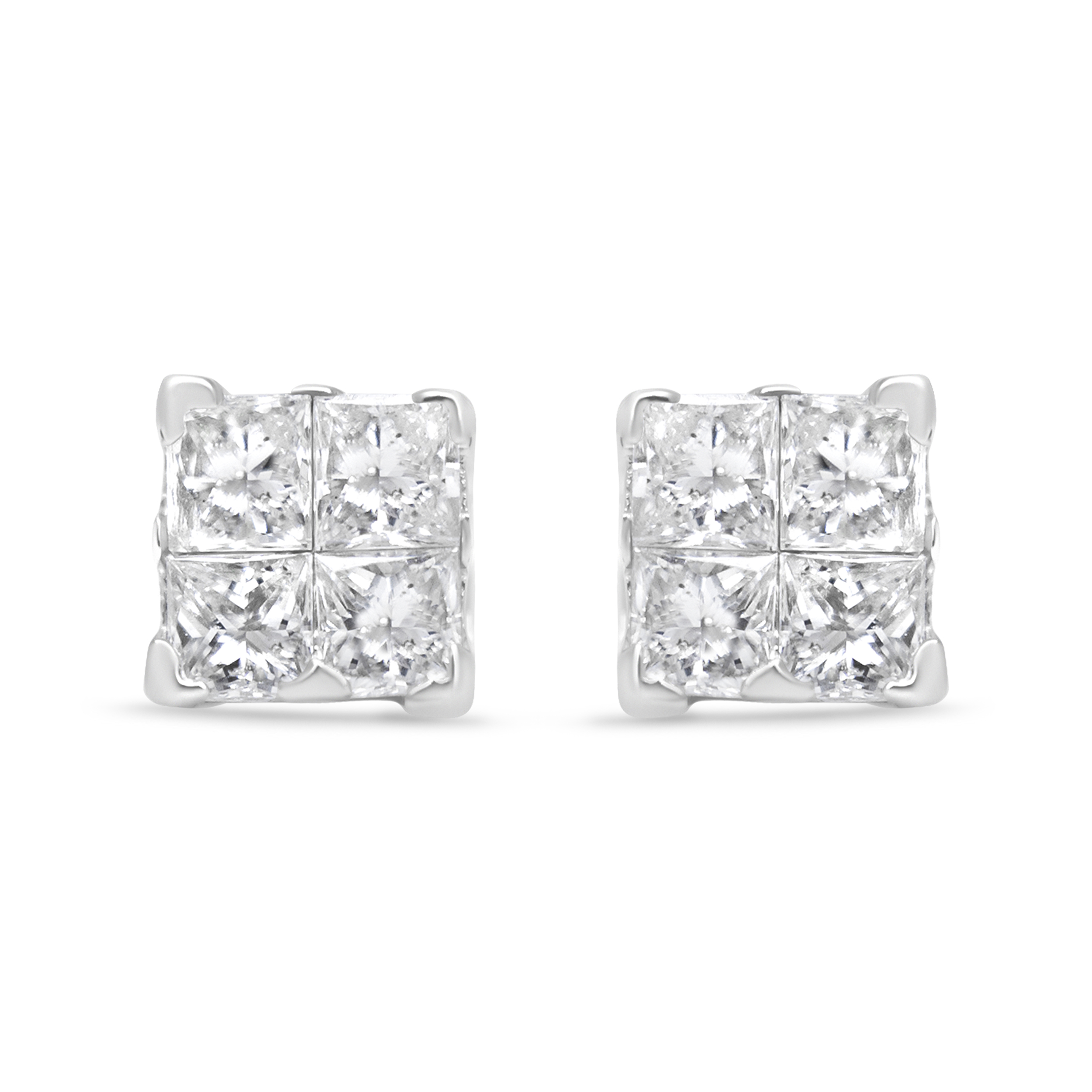 True 14K White Gold 1/2 Cttw Invisible-Set Princess Diamond Quad Cluster Stud Earrings (H-I Color, SI1-SI2 Clarity)