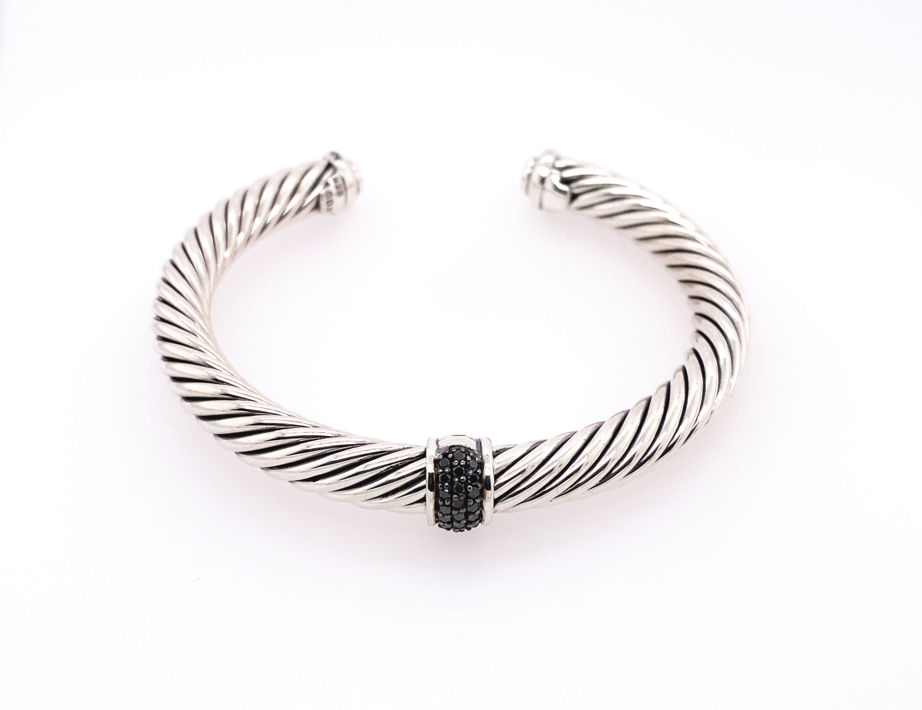 David Yurman Cable Classic Silver Men's Bracelet 7mm Bangle with Black Diamond