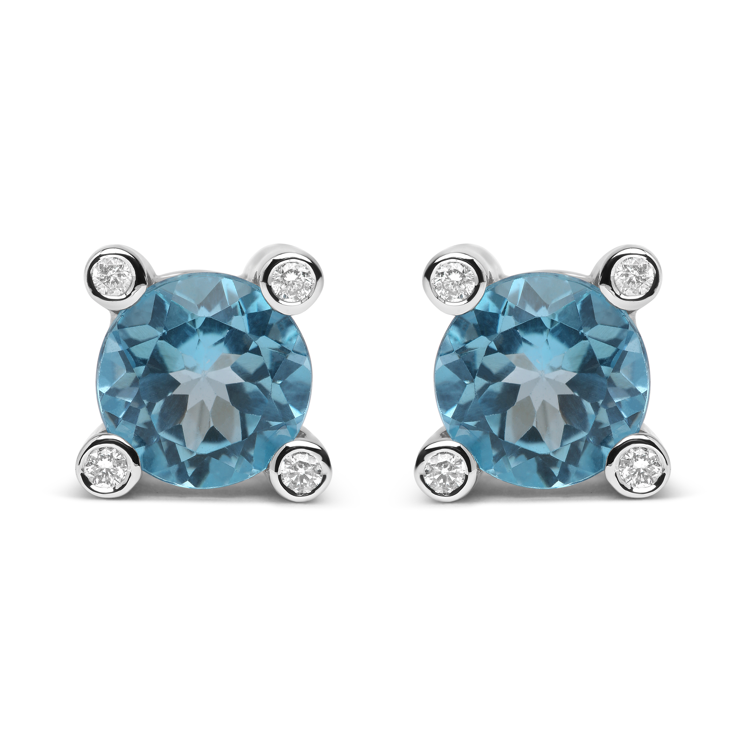 18K White Gold 1/10 Cttw Round Bezel Diamond and 10x10mm Round Sky Blue Topaz Gemstone Stud Earrings (G-H Color, I1-I2 Clarity)