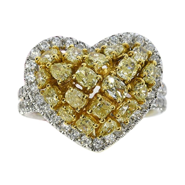 2.99 Carat Natural Fancy Yellow Diamond Heart Cluster Ring
