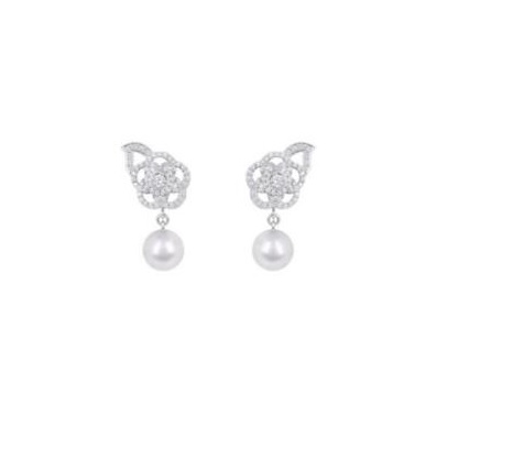 Chanel White Gold Diamond And Pearl Camelia Earrings
