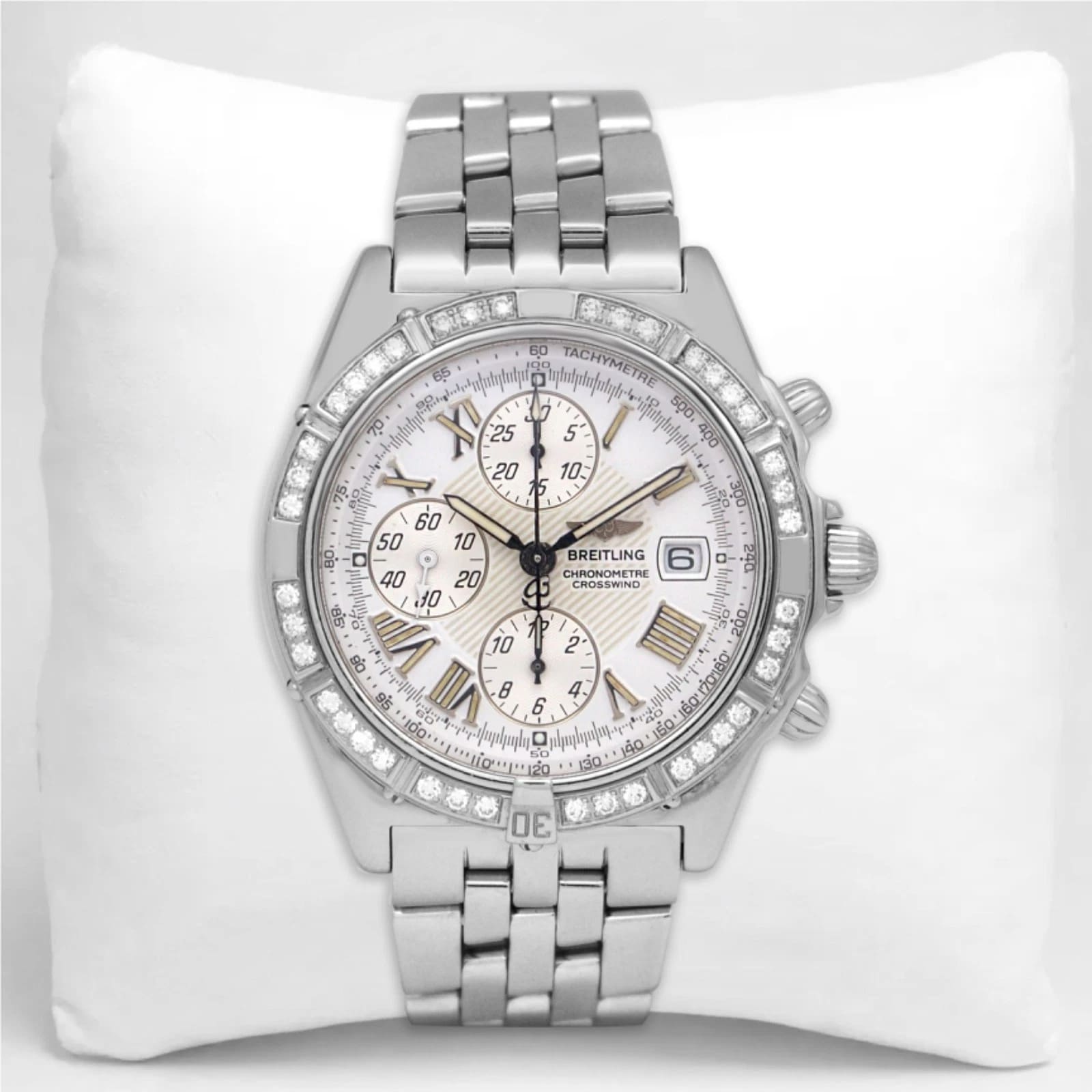 Breitling Crosswind A13355 Auto 43 Dia Bezel White Roman Dial Silver Chronograph