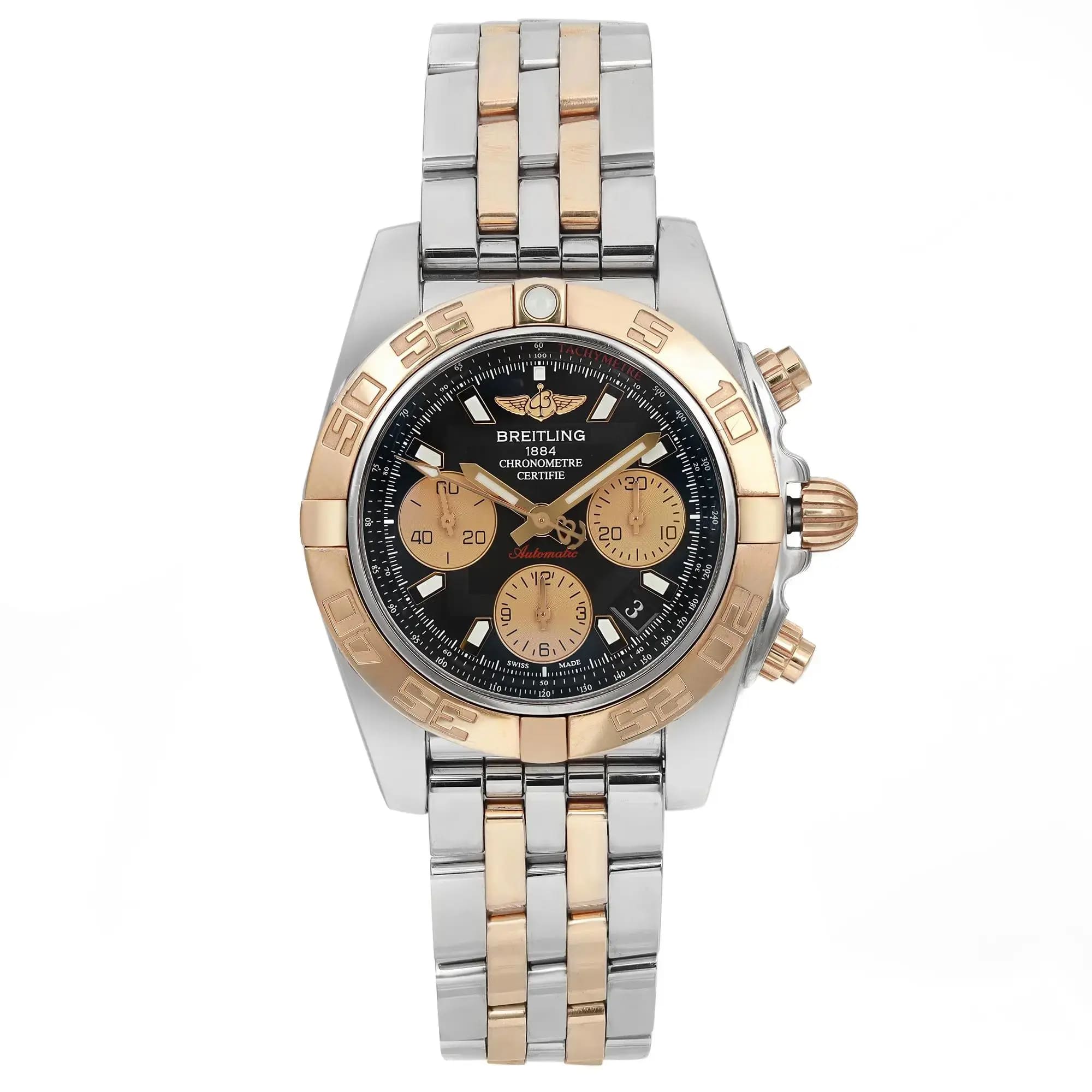 Breitling Chronomat 41 18K Rose Gold Steel Black Dial Watch 