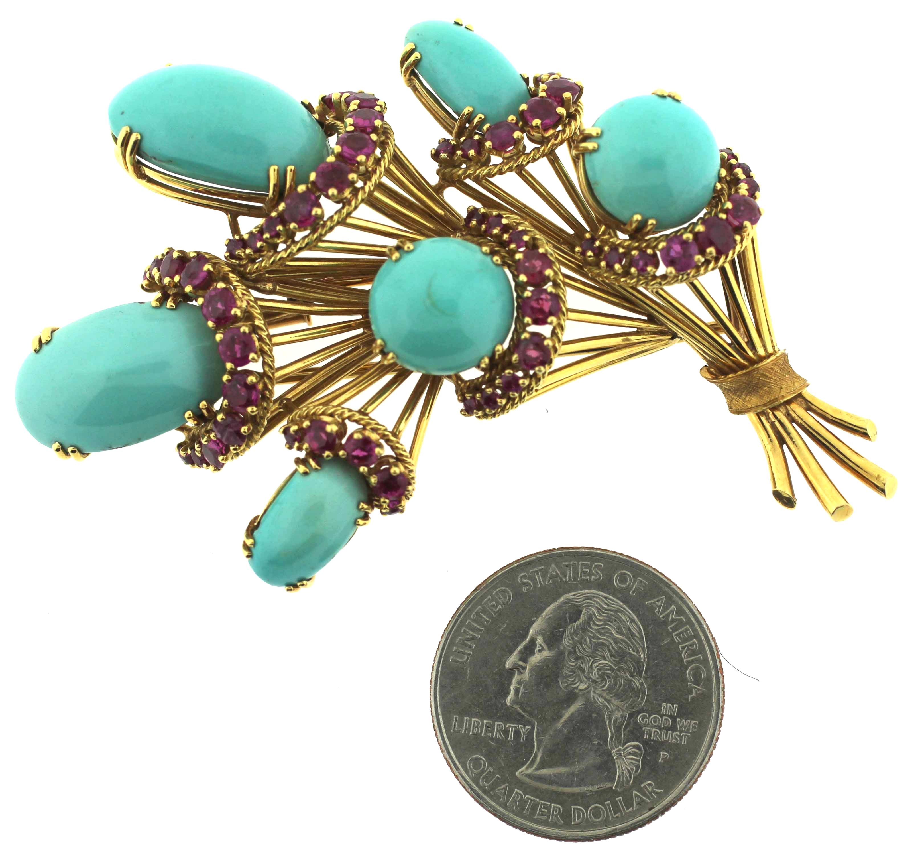 18K Yellow Gold with 4.5ctw. Turquoise and Ruby Brooch 