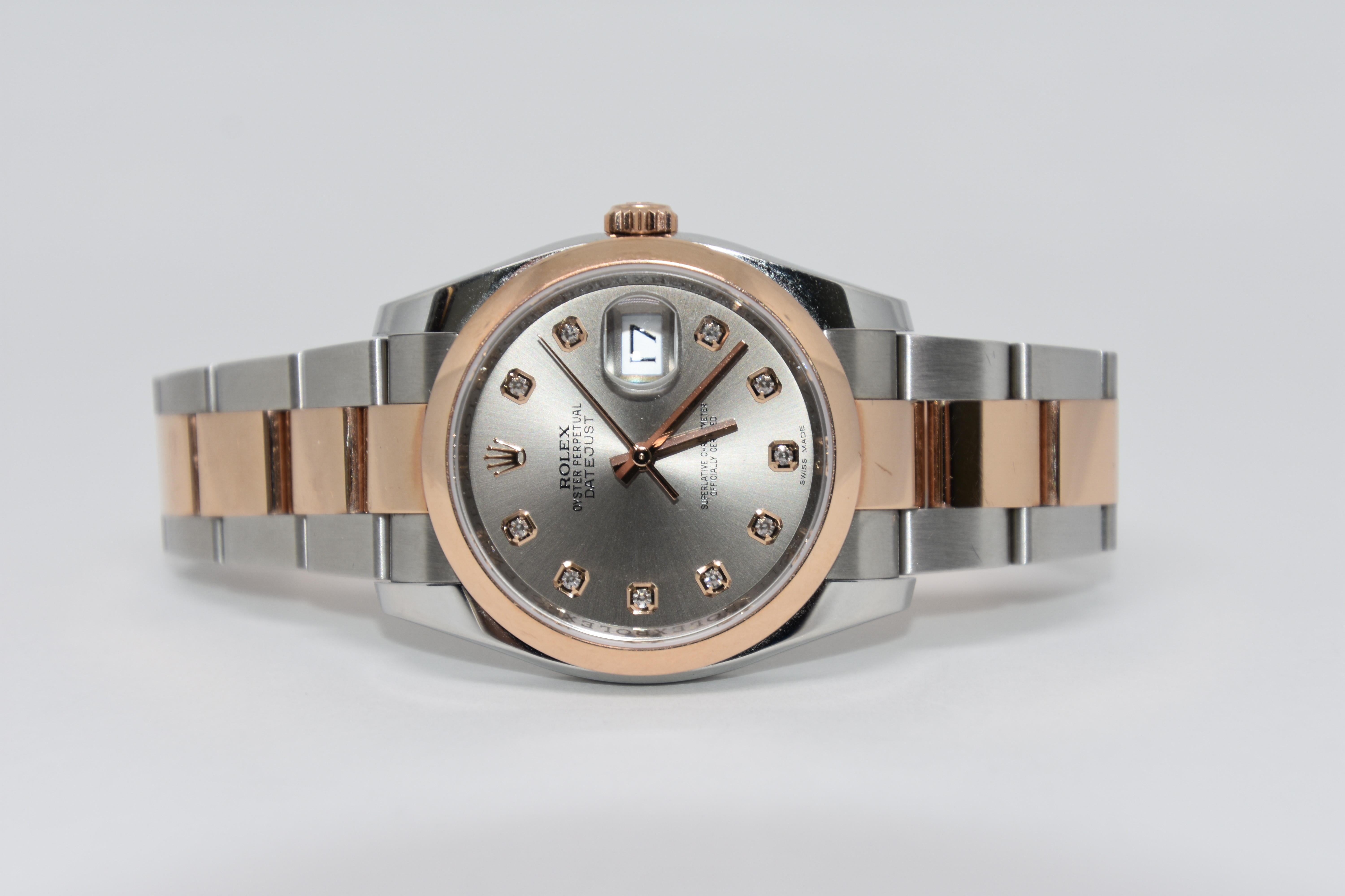 18kt rose gold and stainless steel Rolex DateJust. Diamonds