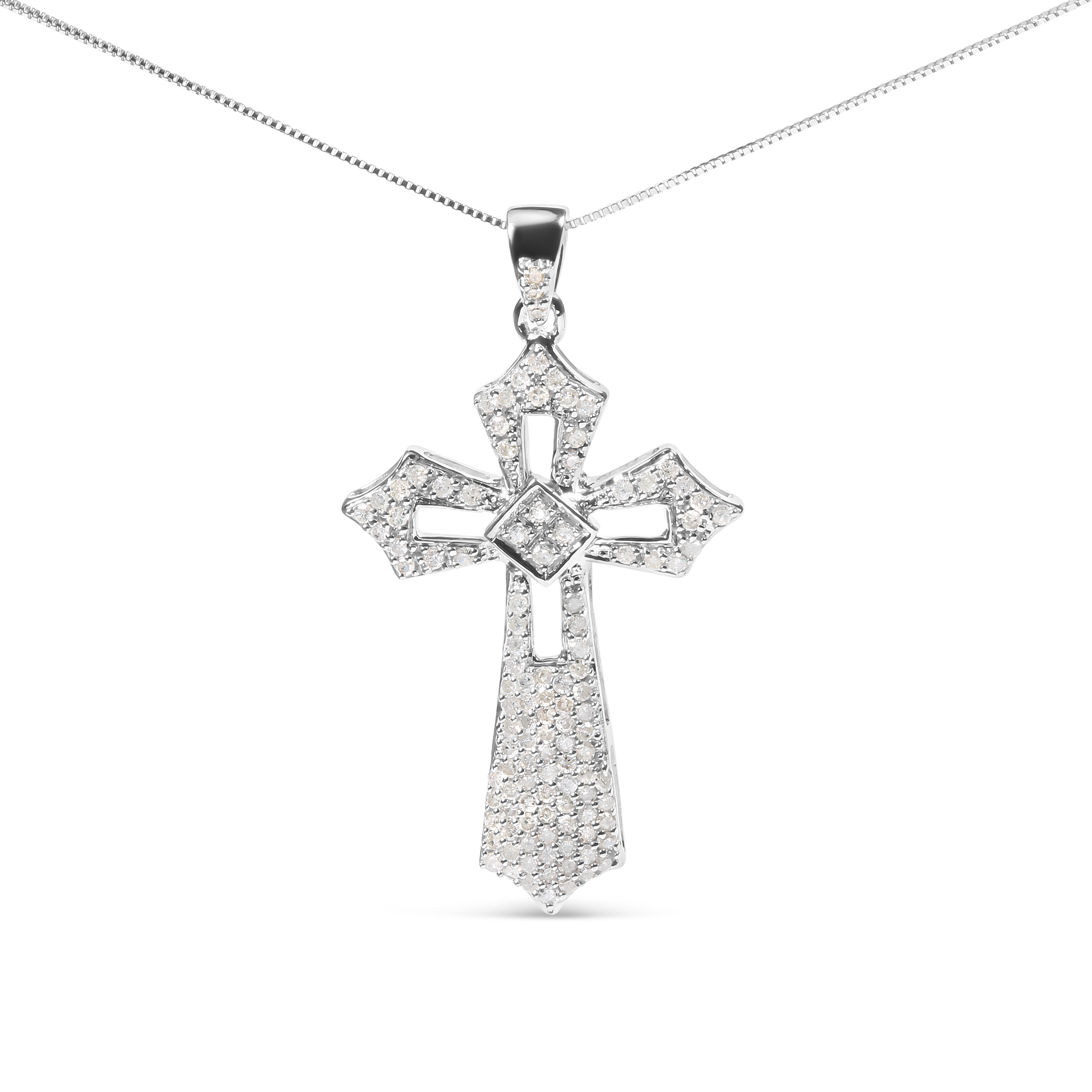 .925 Sterling Silver 1.00 Cttw Diamond Fleur De Lis Cross 18" Pendant Necklace (H-I Color, I2-I3 Clarity)