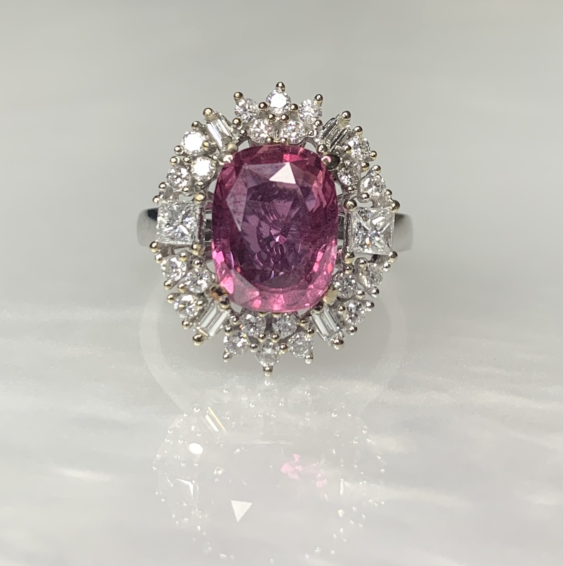 18K White Gold Cushion Cut Pink Sapphire Diamond Ring
