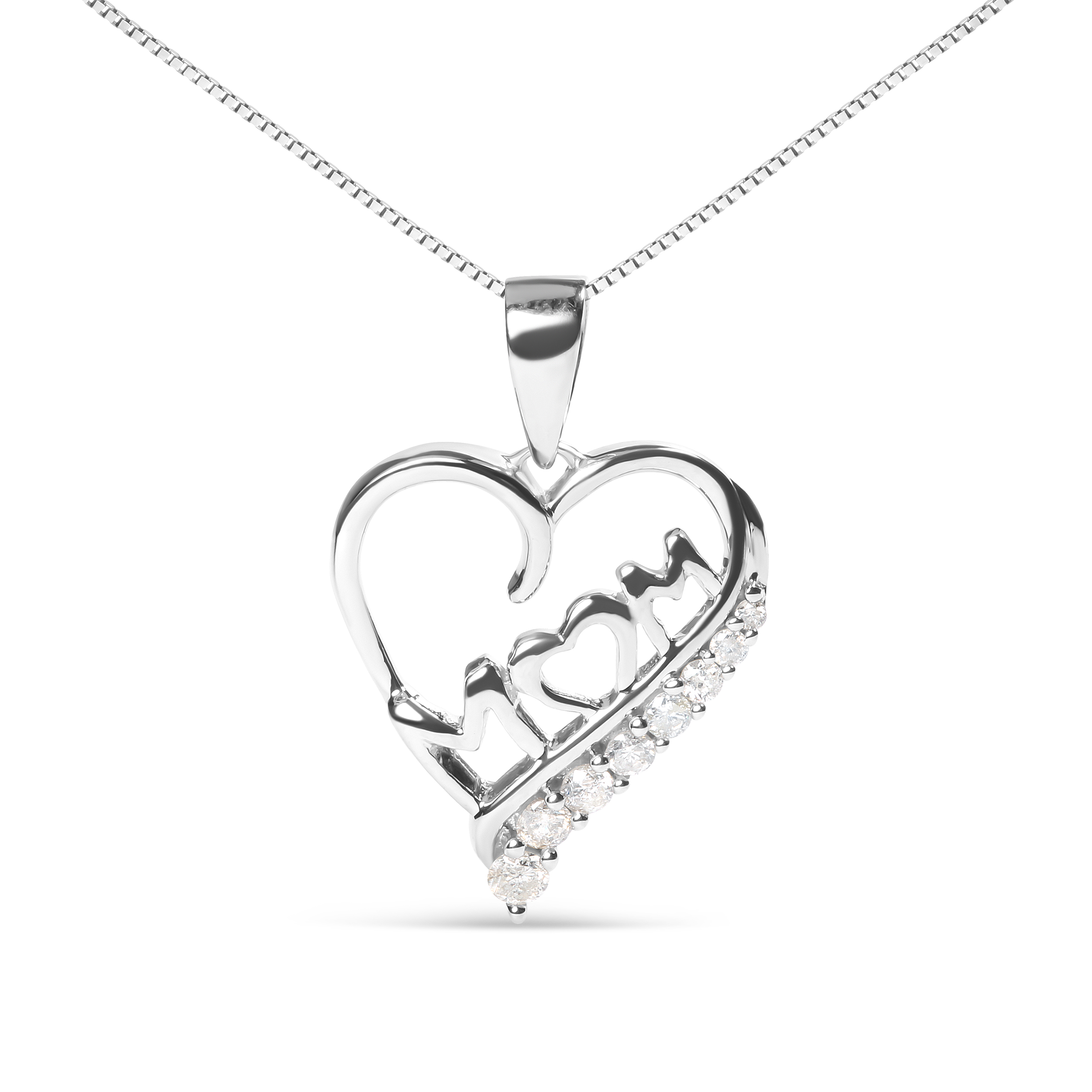 .925 Sterling Silver 1/4 Cttw Diamond  "Mom" and Open Heart 18" Pendant Necklace (I-J Color, I2-I3 Clarity)