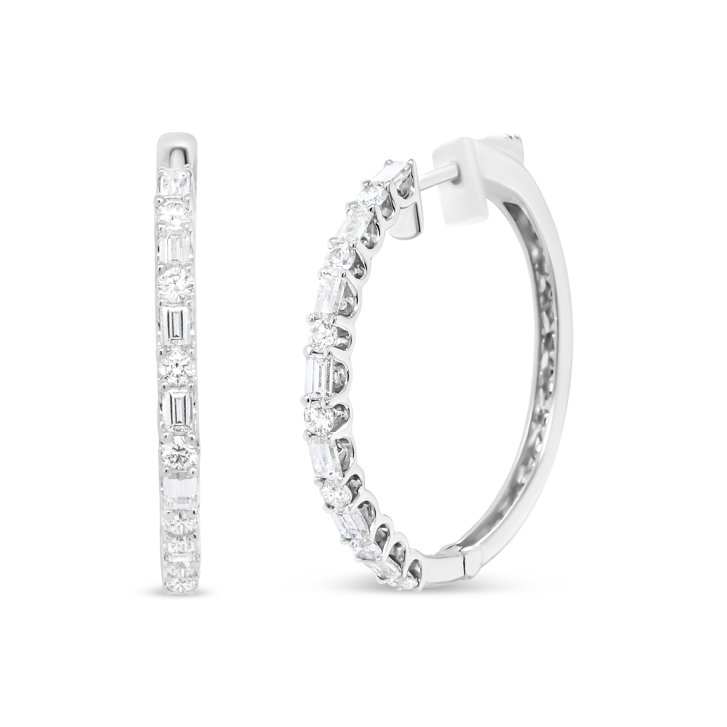 True 14K White Gold 1 3/4 Cttw Round and Baguette Diamond Hoop Earrings - (H-I Color, SI2-I1 Clarity)