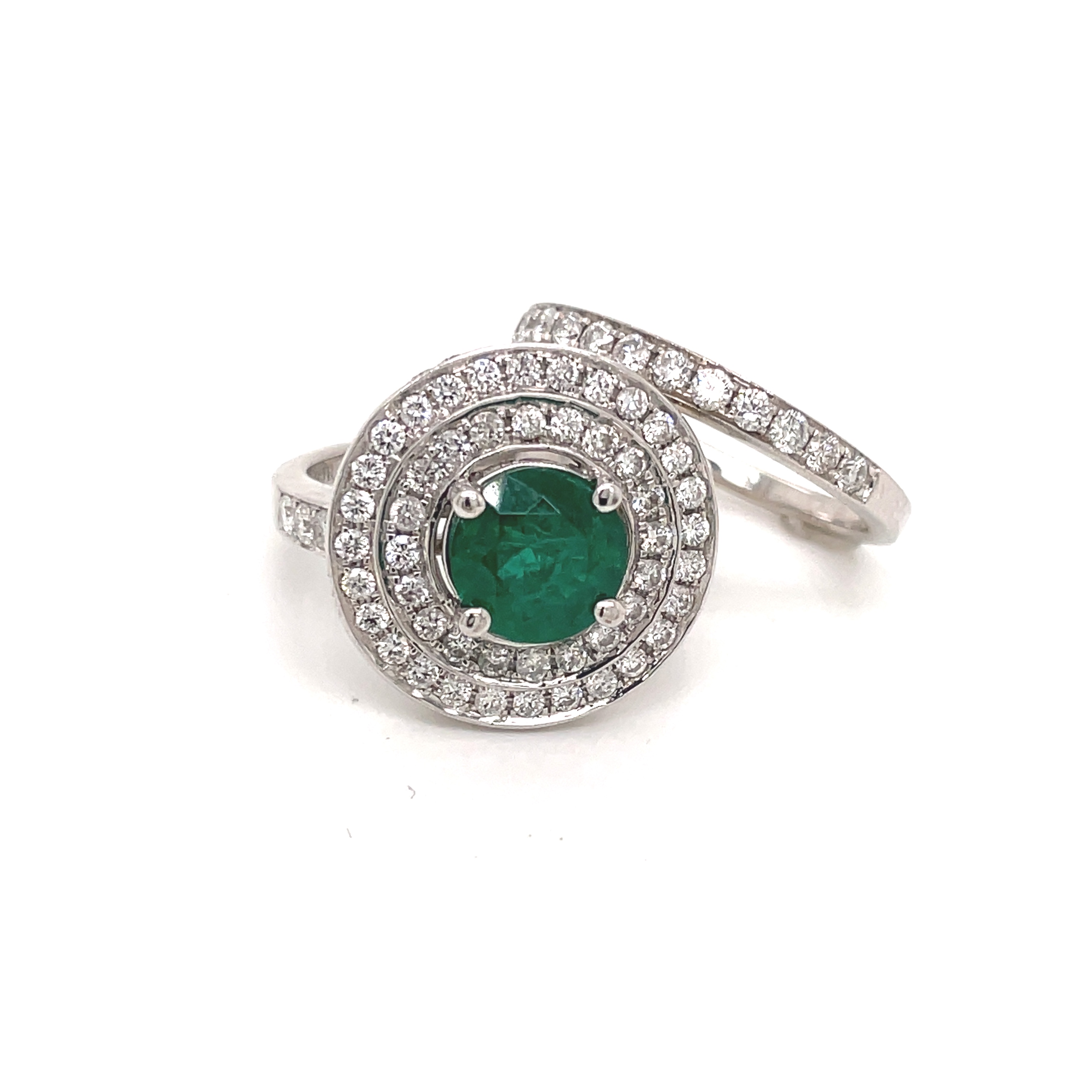 Emerald and Diamond Double Frame Bridal Set Ring in 14K White Gold