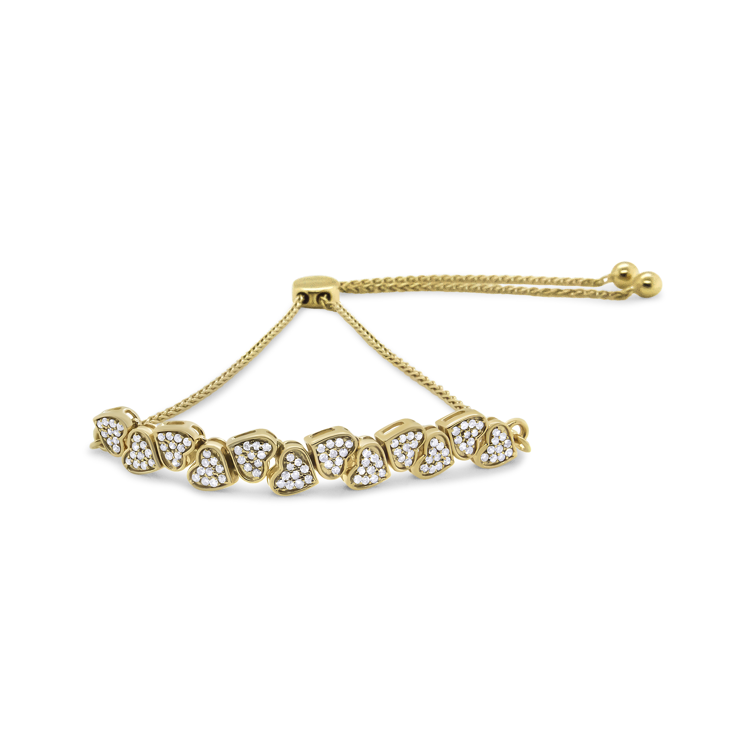 True Yellow Gold Plated .925 Sterling Silver 1/2 Cttw Diamond Sideways Hearts Bolo Bracelet (H-I Color, I1-I2 Clarity) - 4”-10” Adjustable